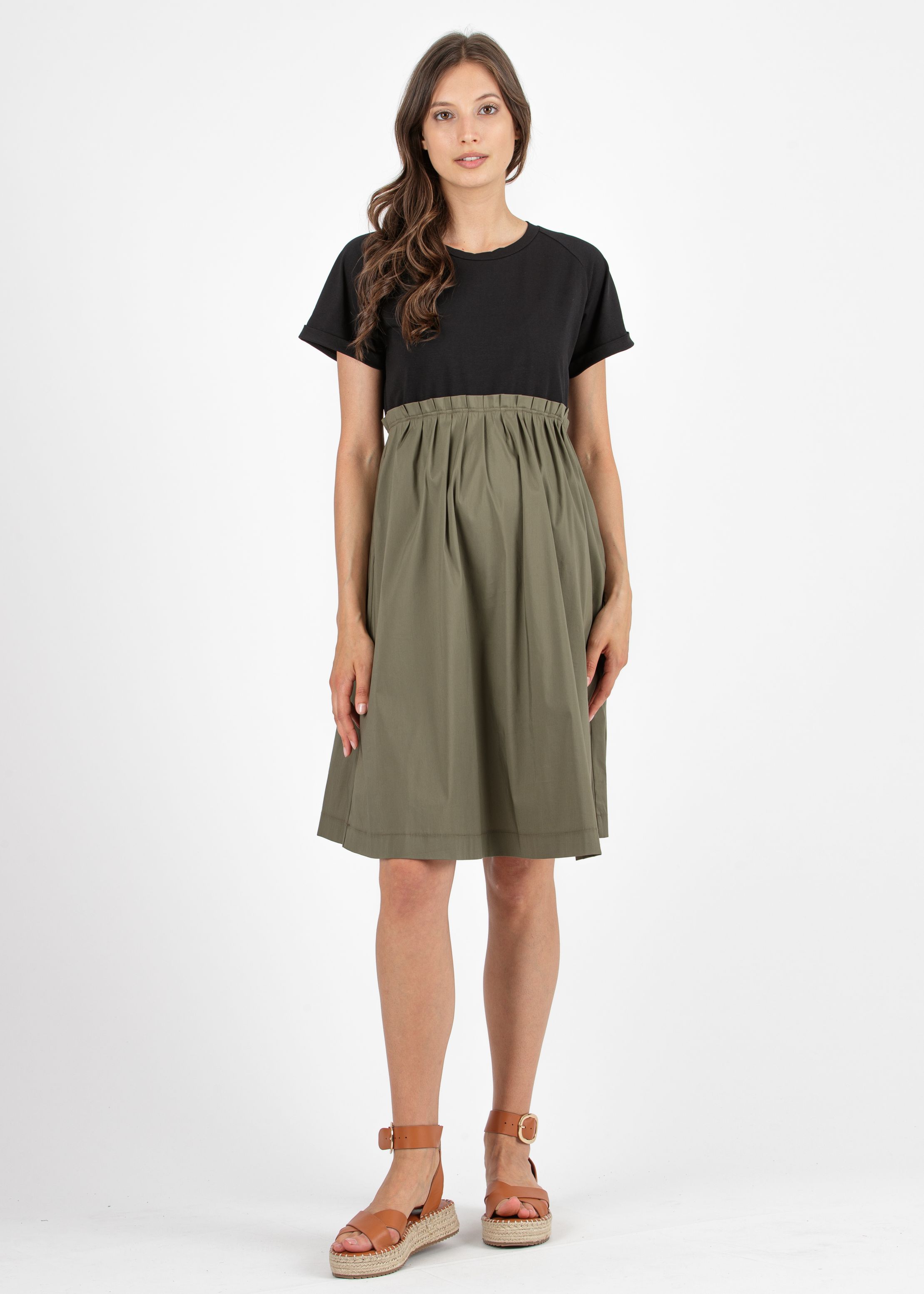 Cotton Maternity Dress with Pleats Around the Waist (Army Green, XS)