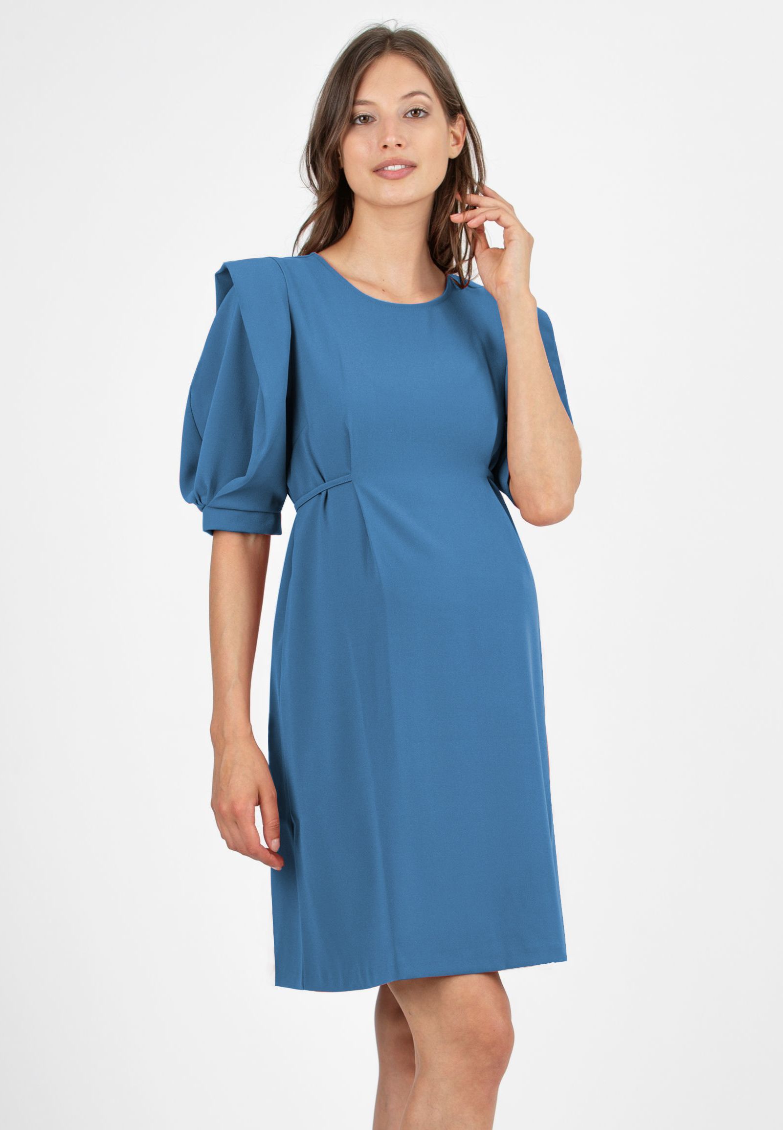 SAMANTHA - Abito Premaman con Maniche a Petalo e Laccetto in Vita (Azzurro, XS)