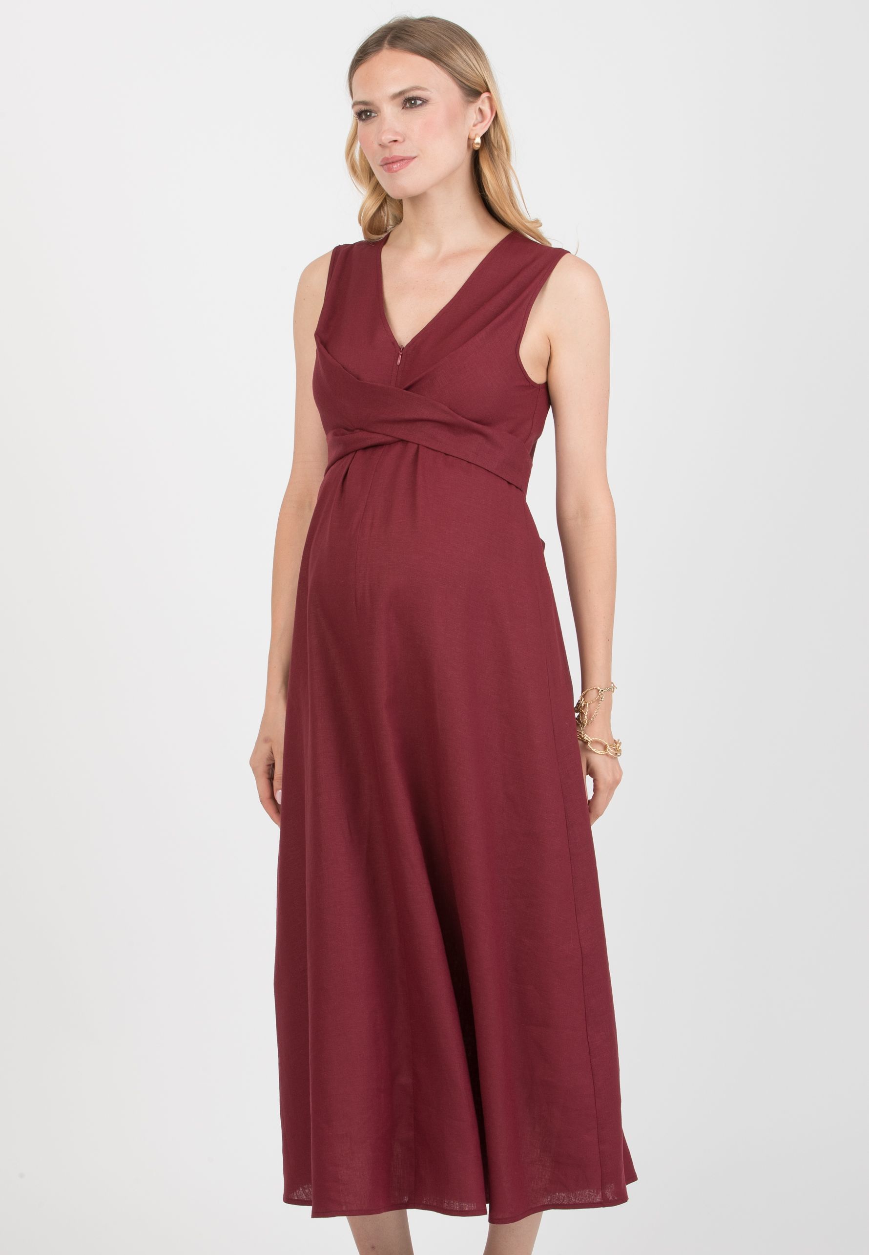 ANNALISA - Abito Premaman & Allattamento in Lino con Fusciacche incrociate (Bordeaux)