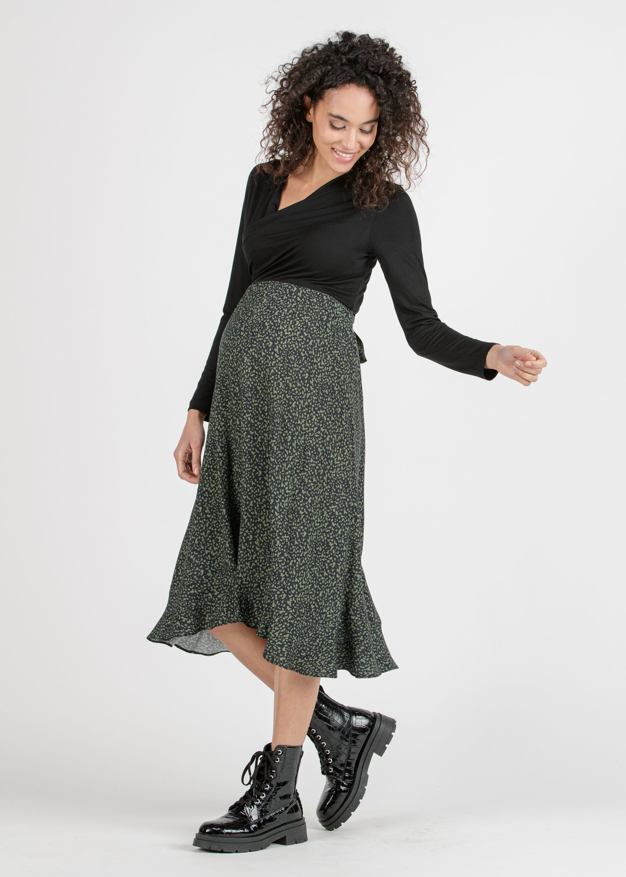 MARTA M/L - Abito Midi Premaman & Allattamento con Gonna Stampata (Verde Militare, XS)