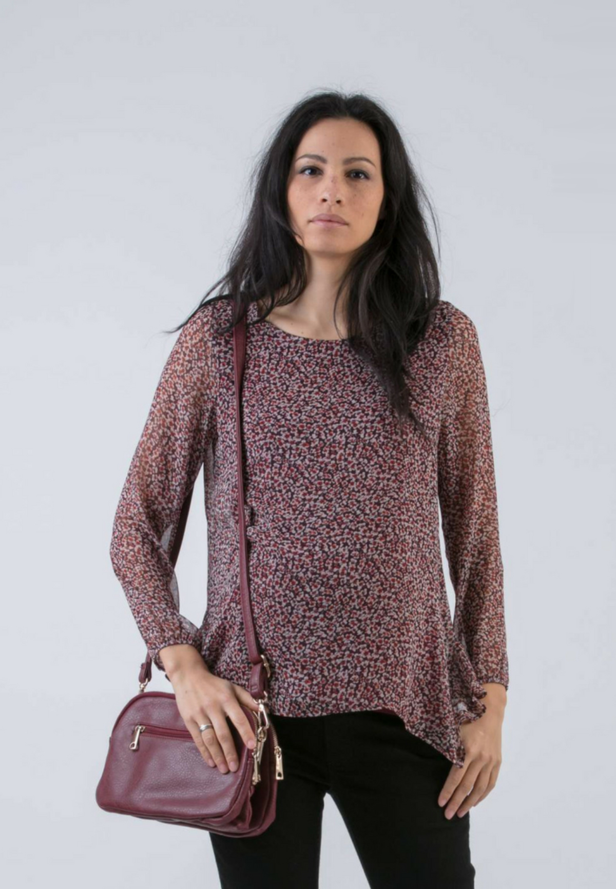Printed Chiffon Maternity & Nursing Top (Bordeaux, XS)