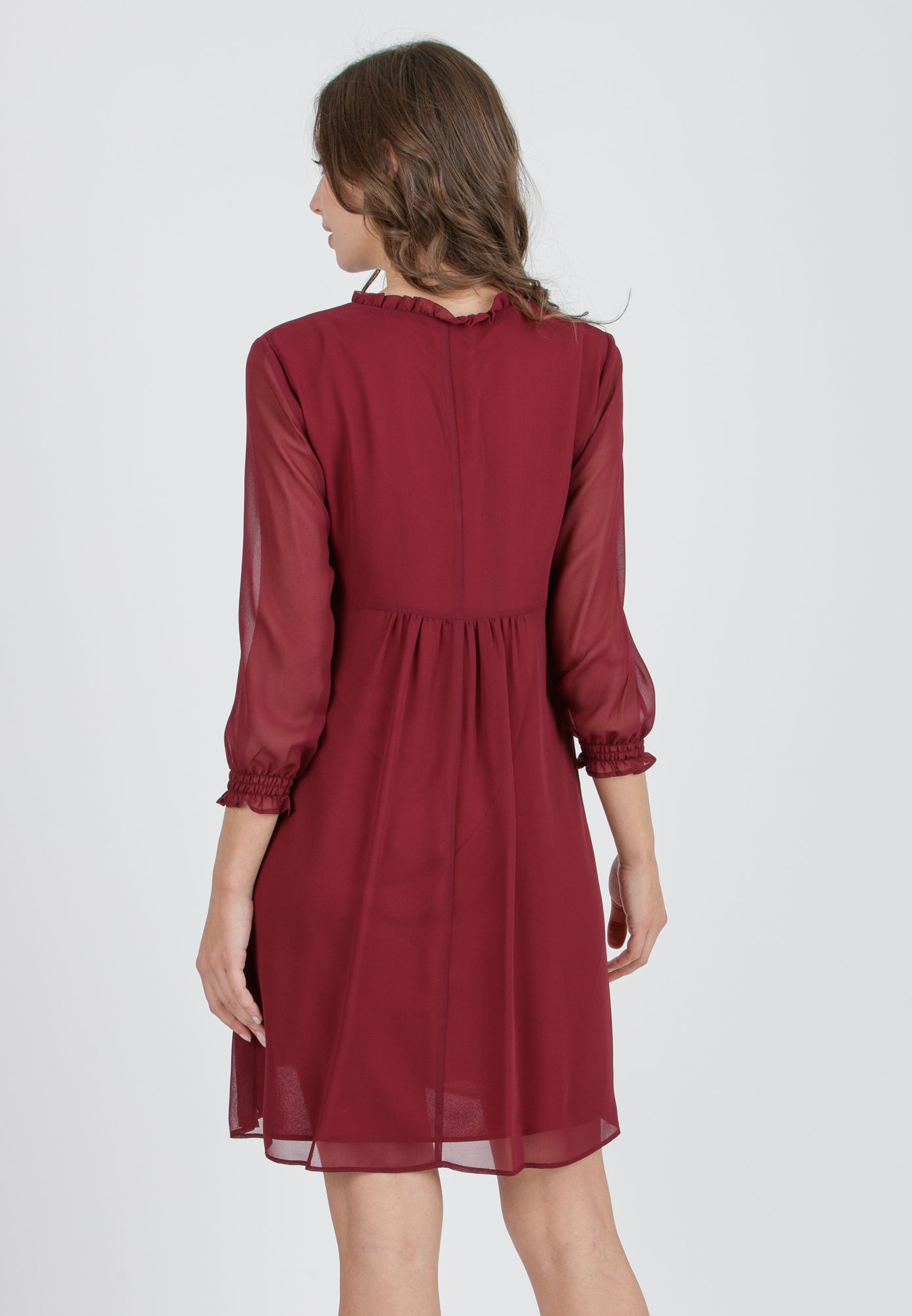 DIANA - Chiffon Maternity & Nursing Dress with Ruffle Trims on the Neck (Plum, XS)