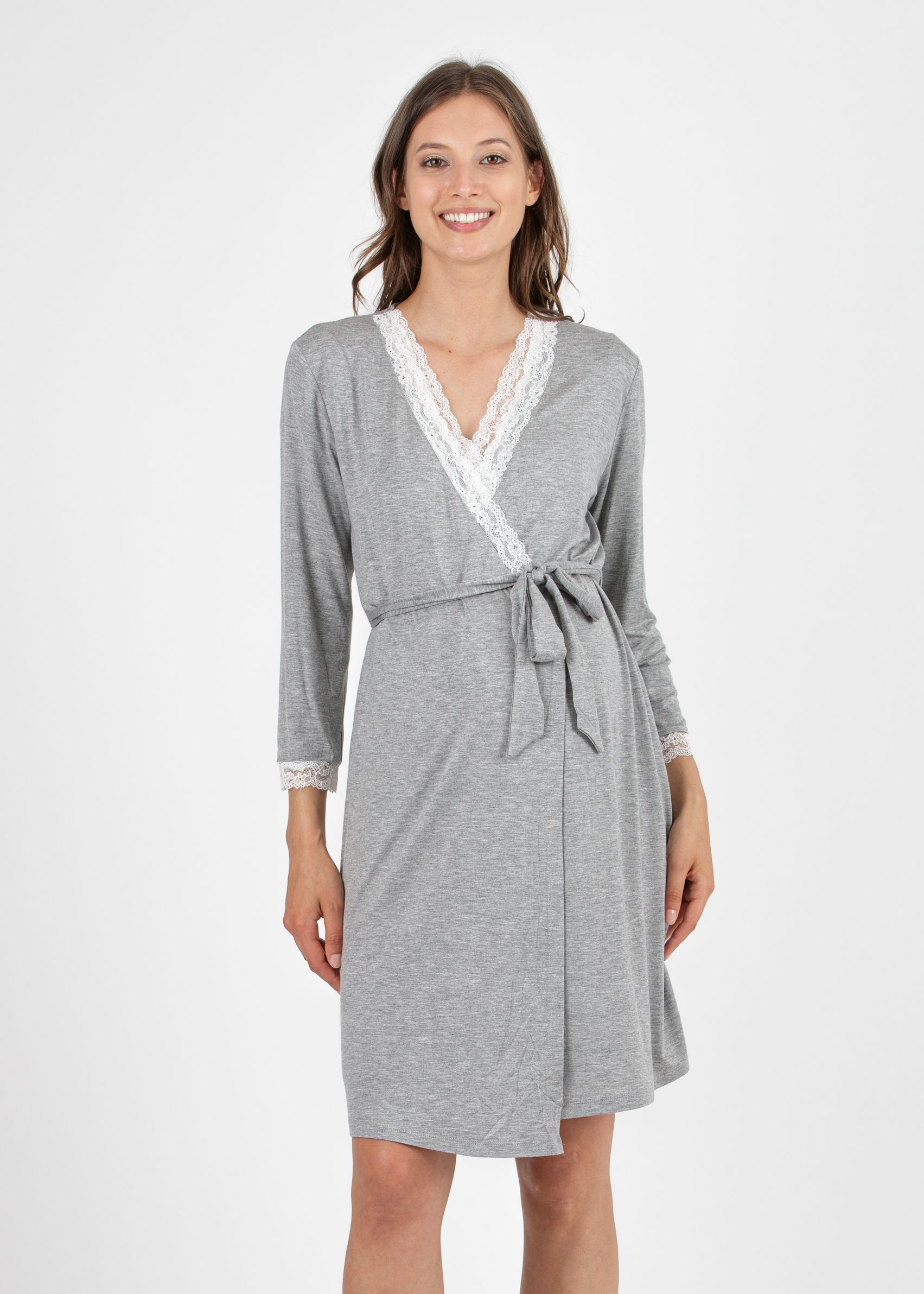 Maternity & Nursing Dressing Gown with Lace Details (Light Grey, S)