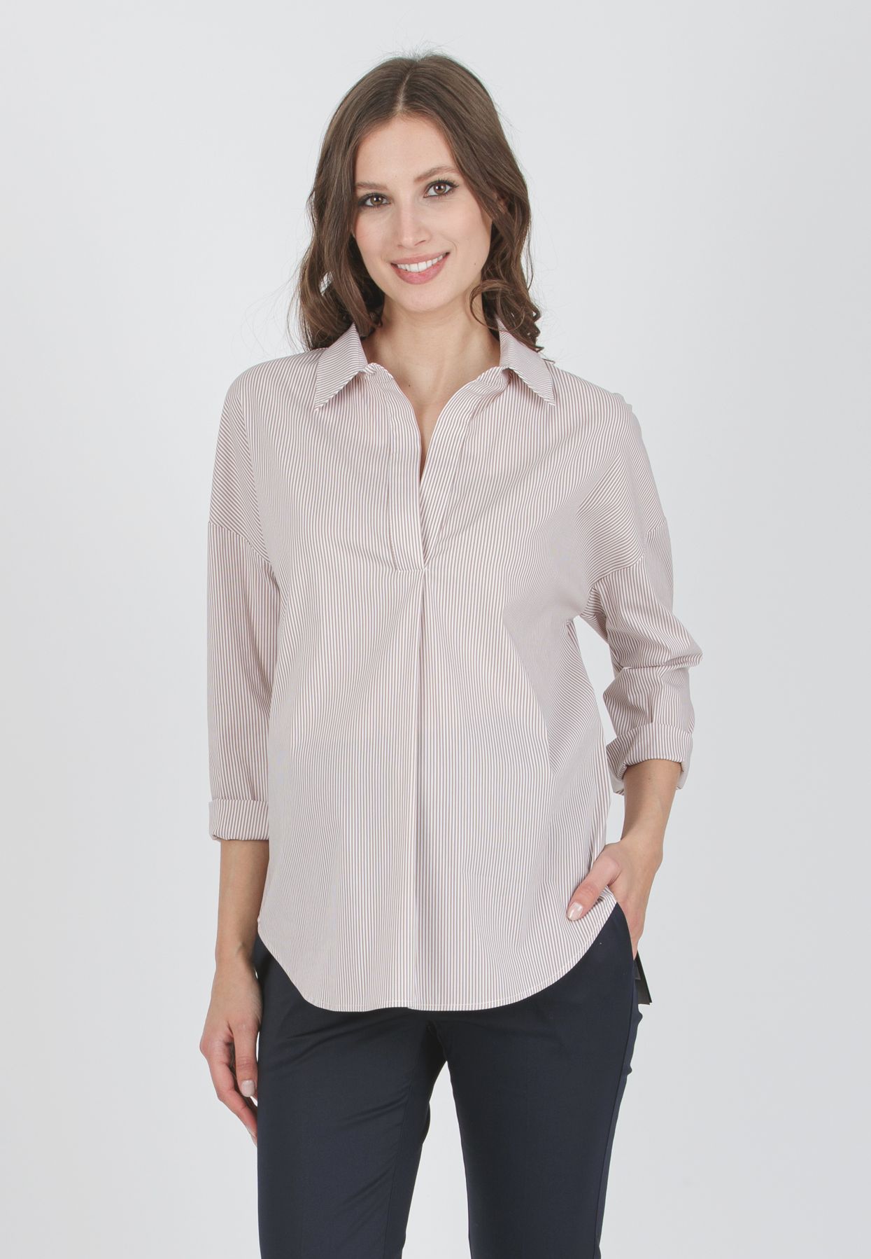 OLIVIA R - Striped Oversized Maternity Shirt in Stretch Cotton Poplin (Beige, XS)