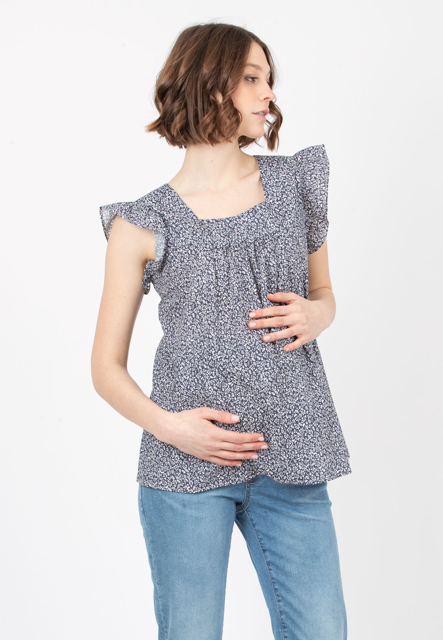 LAILA C - Maternity Blouse in Printed Cotton (Blu)