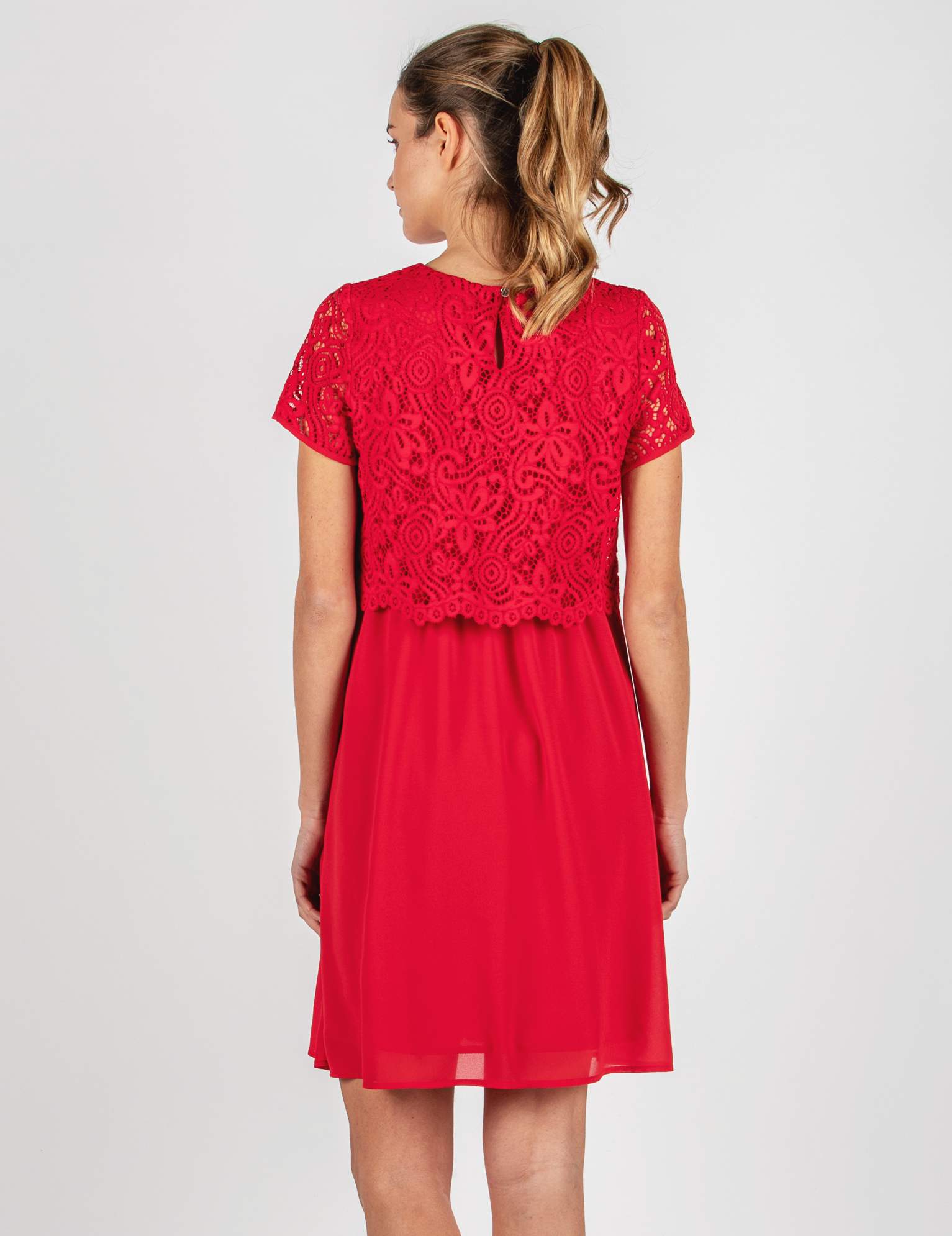 AURORA - Embroidered Maternity & Nursing Dress in Lace (Red, XS)