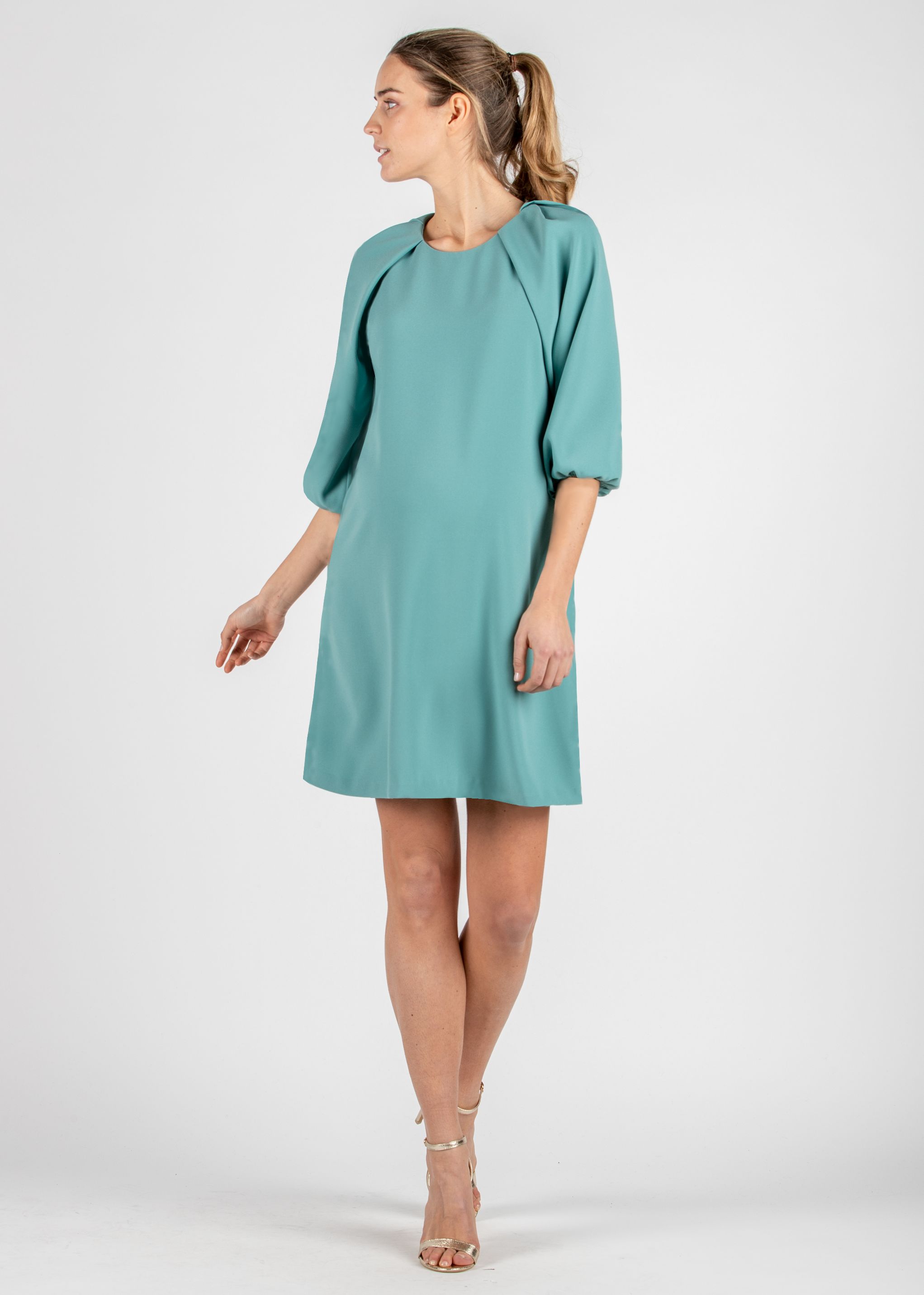 Maternity Dress in Cady Crepe with Raglan Balloon Sleeve (Light Green, XS)