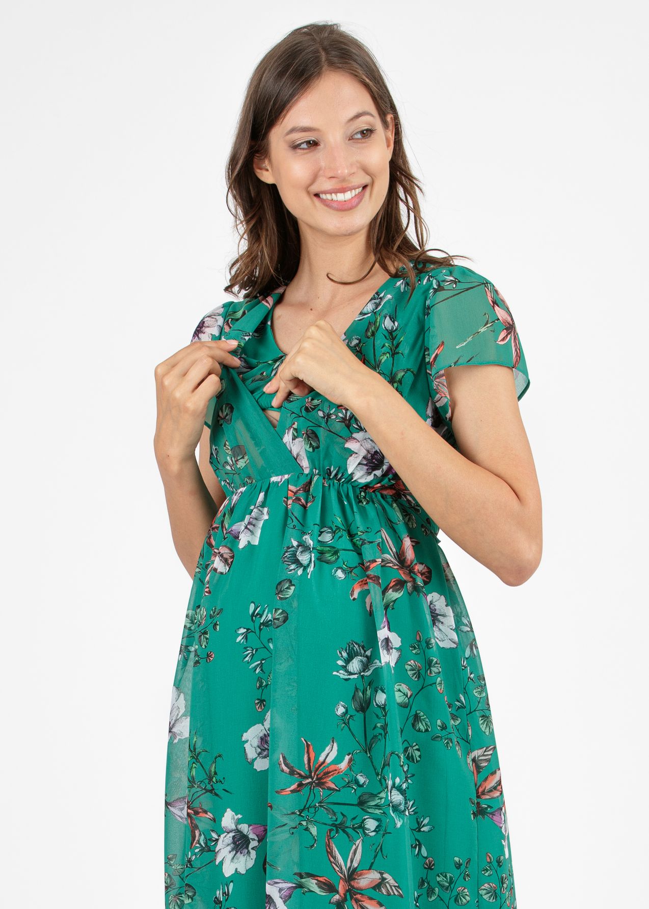 Abito Premaman & Allattamento in Georgette Floreale con Scollo Incrociato (Verde, XS)