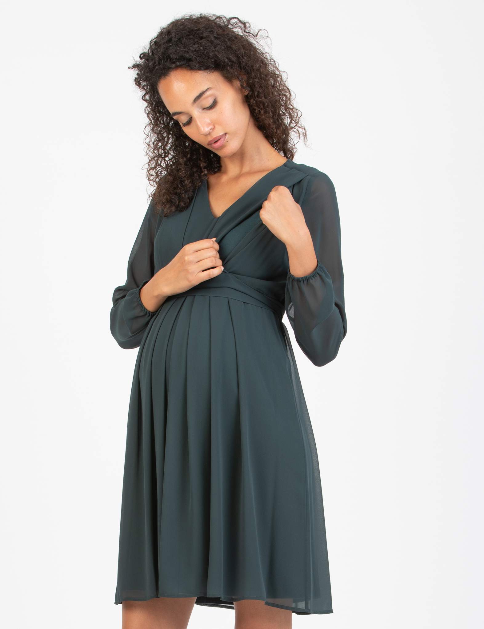 SARA - Maternity & Nursing Dress in Chiffon (Green, XS)