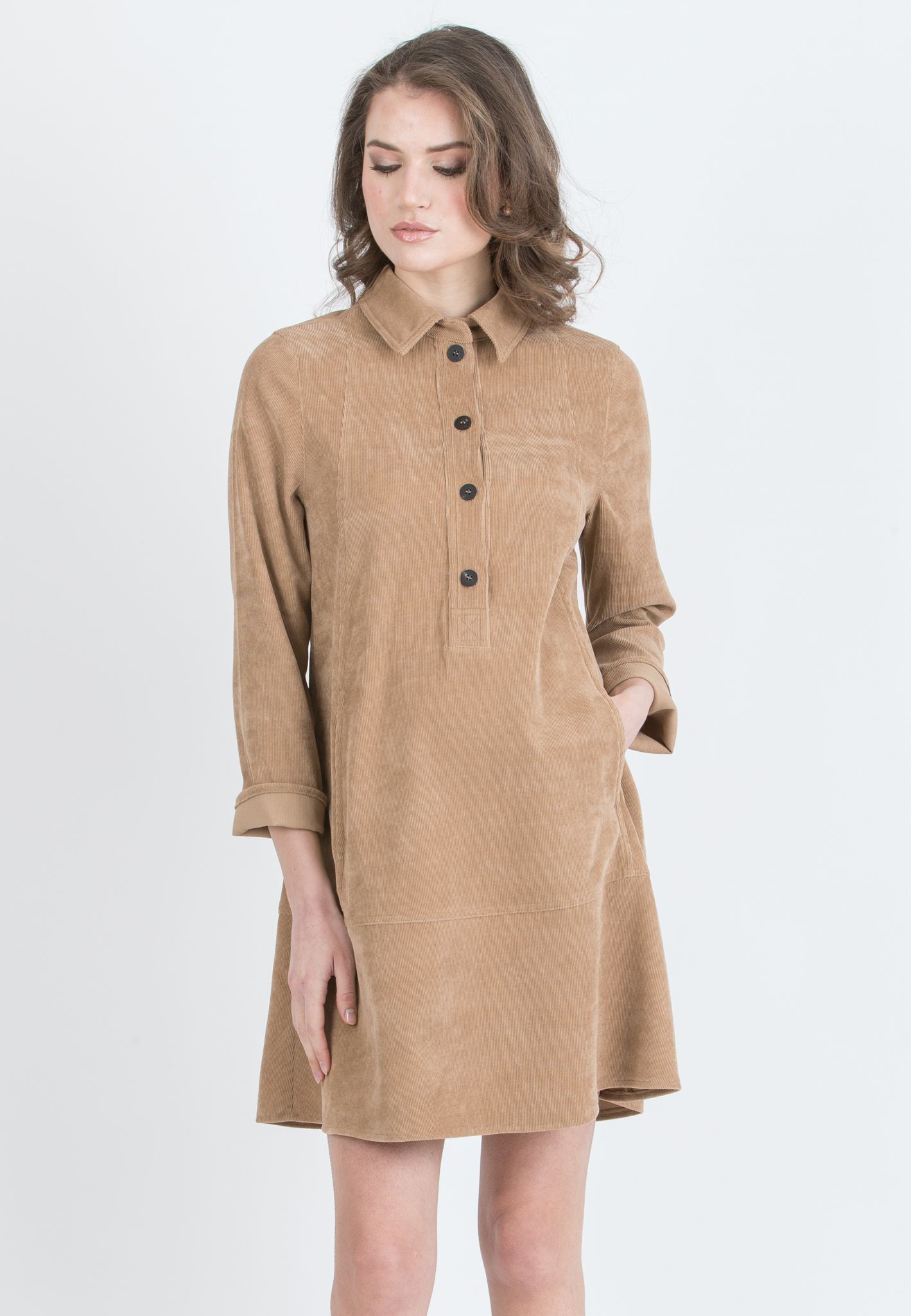 GRETA – Abito Camicia Premaman & Allattamento in Velluto (Cammello)