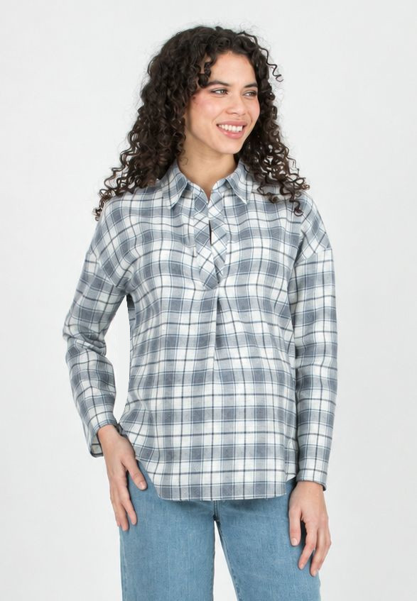 OLIVIA Q - Maternity Oversized Cotton Flannel Shirt in Check (Blu)