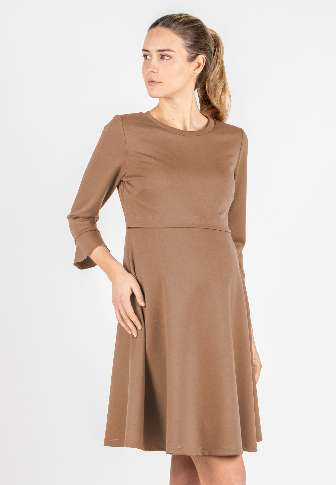 DAFNE - Flared Maternity & Nursing Dress with Back Button Detail (Beige)