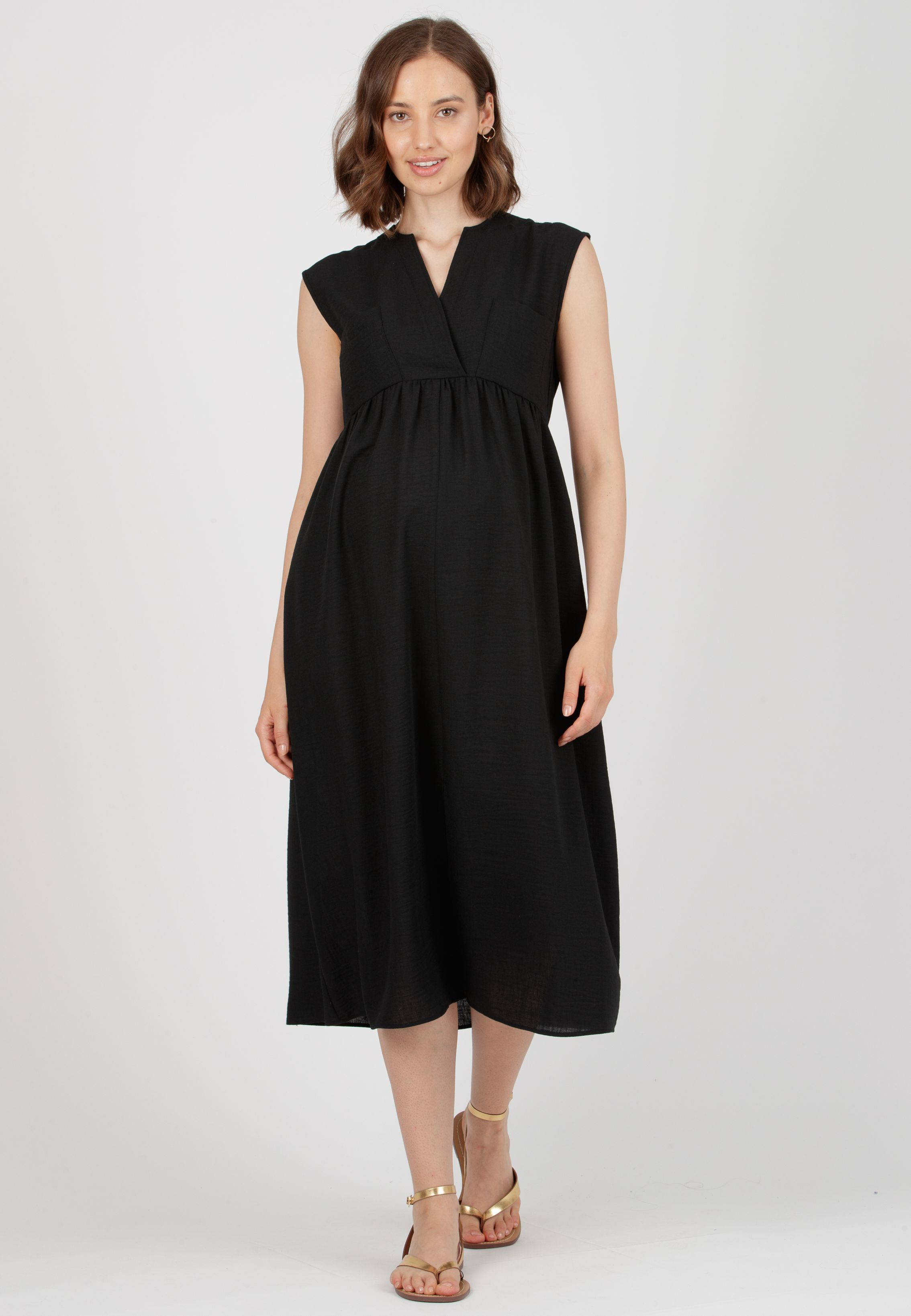 HARPER MIDI - Abito Premaman & Allattamento con Tasche sul Corpino (Nero, XS)