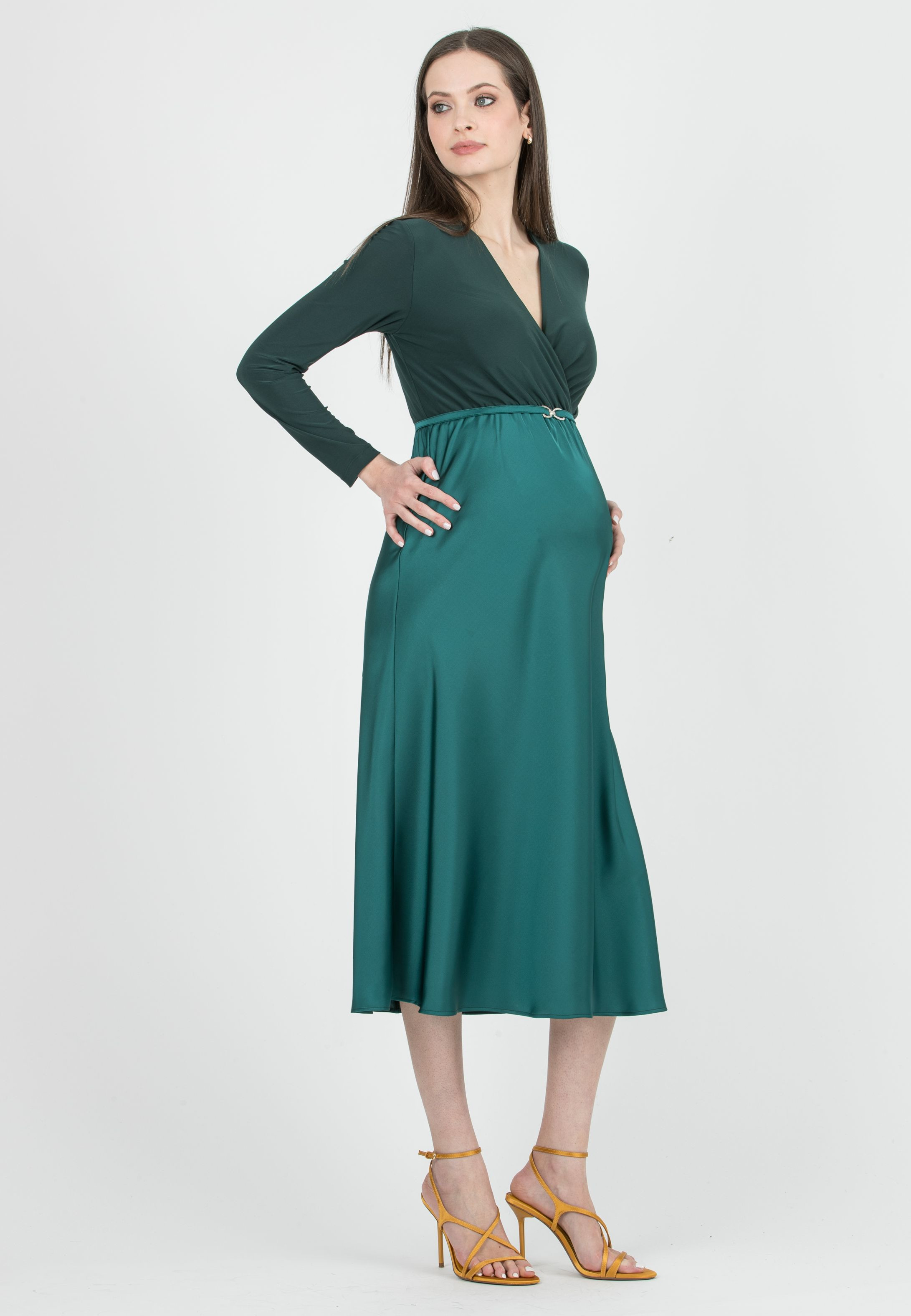 DILETTA M/L - Maternity & Nursing Dress with Crossover Bodice and Satin Skirt (Smeraldo)