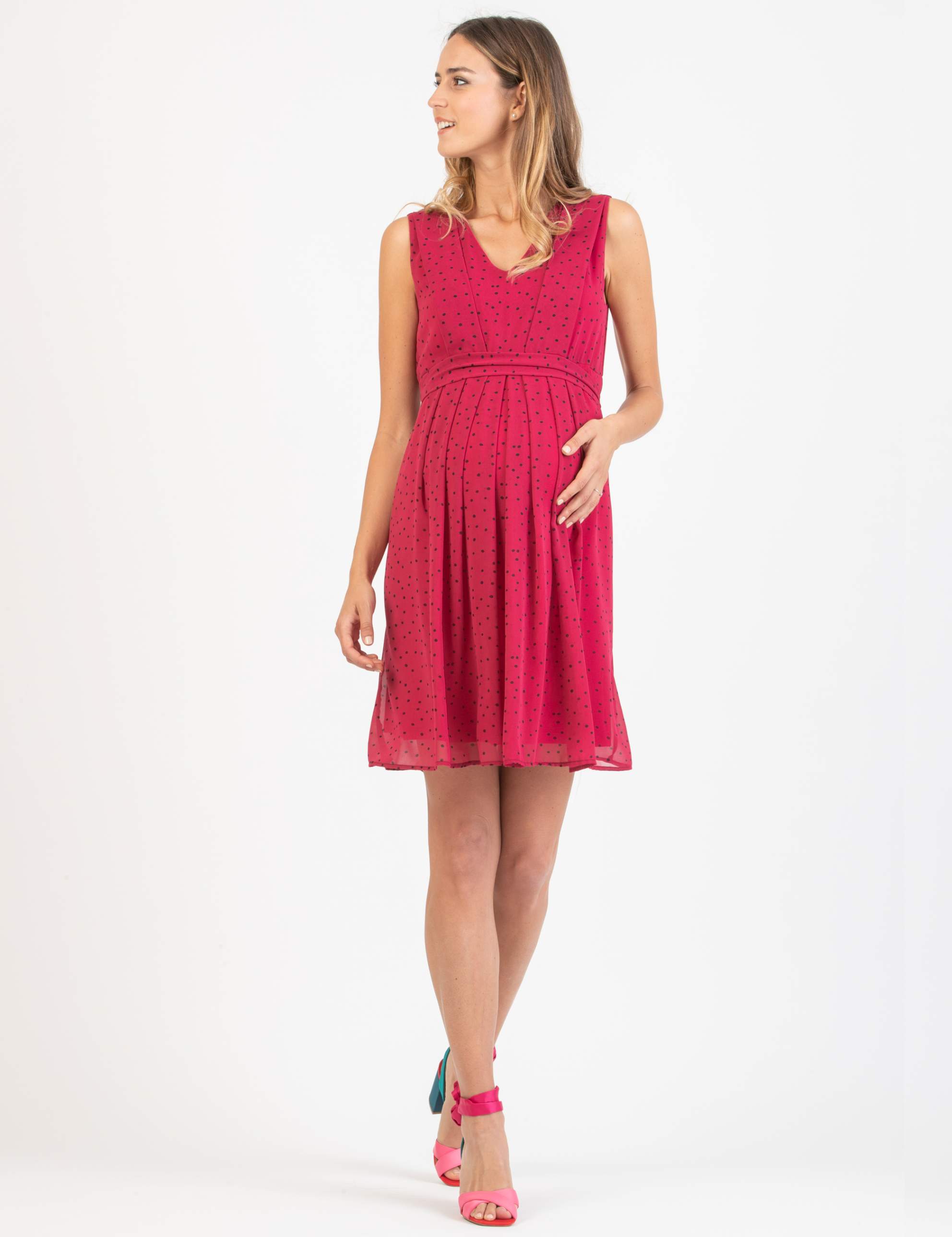 Polka Dots Maternity & Nursing Dress (Fuchsia, XS)
