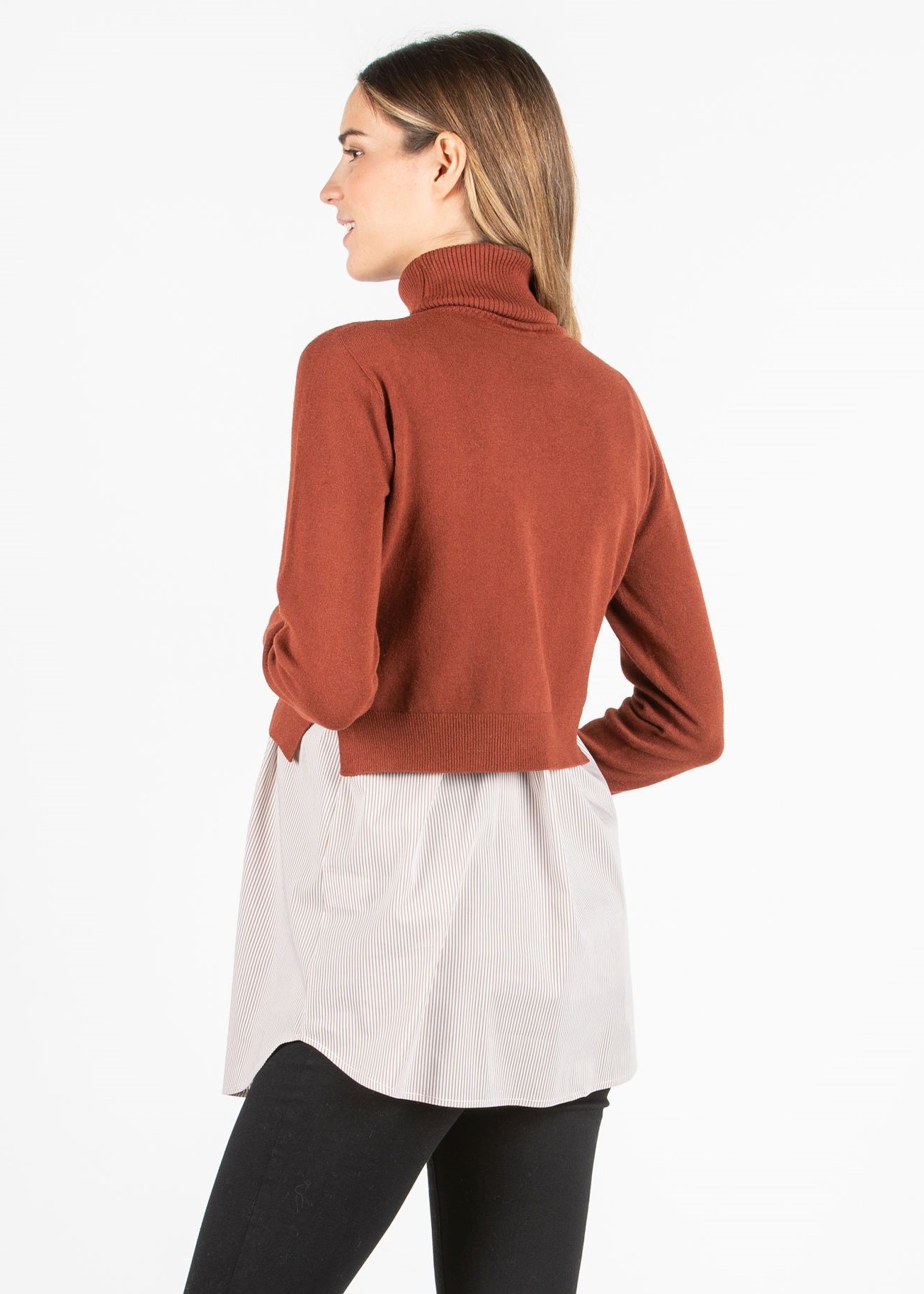 GIANNA R - Maglioncino Premaman & Allattamento con Collo Alto e Top a Righe Abbinato (Rosso Mattone, XS)