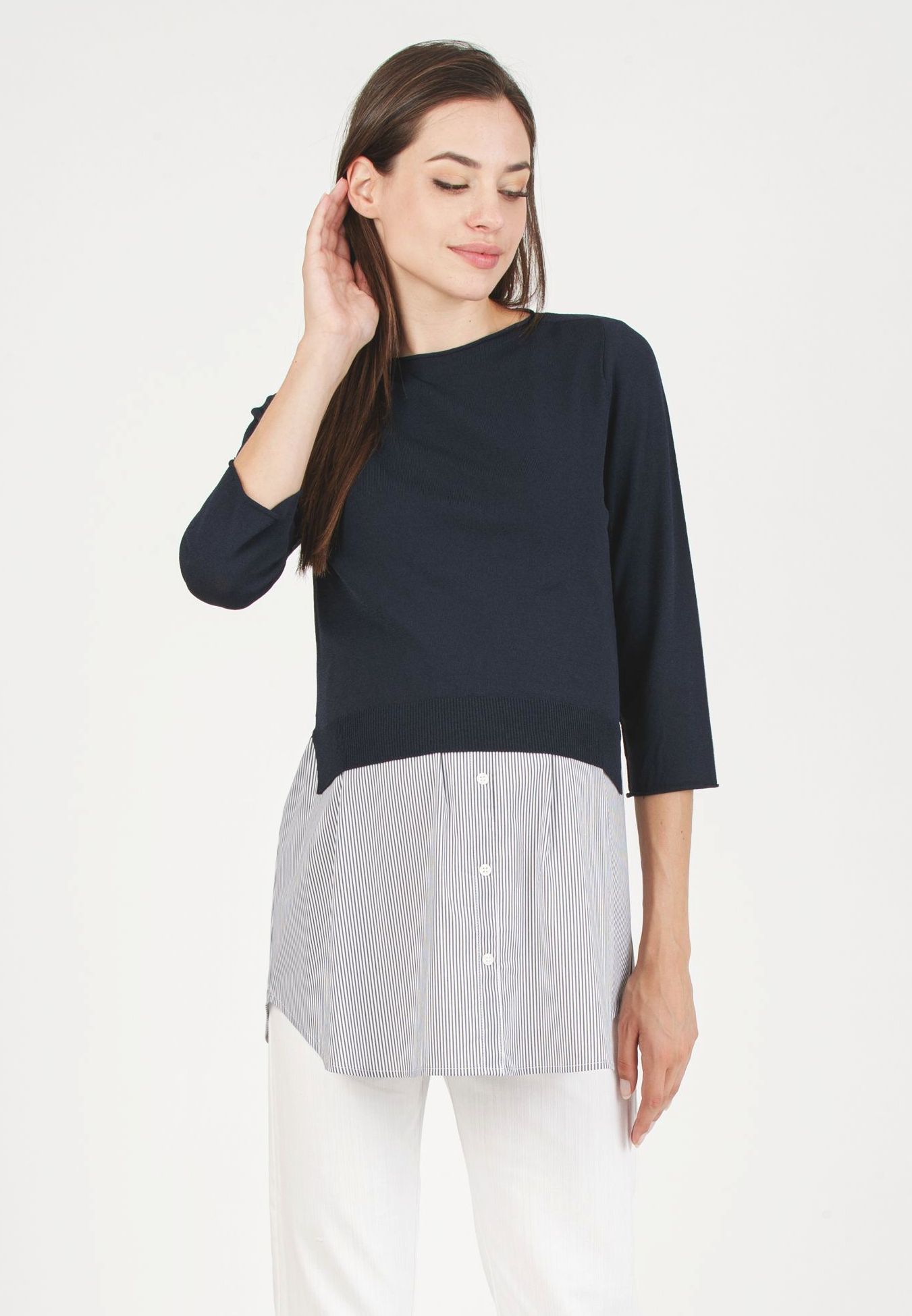 ANGELA R- Maglioncino Premaman in Filato Leggero di Viscosa con Top Allattamento Abbinato (Blu, XS)