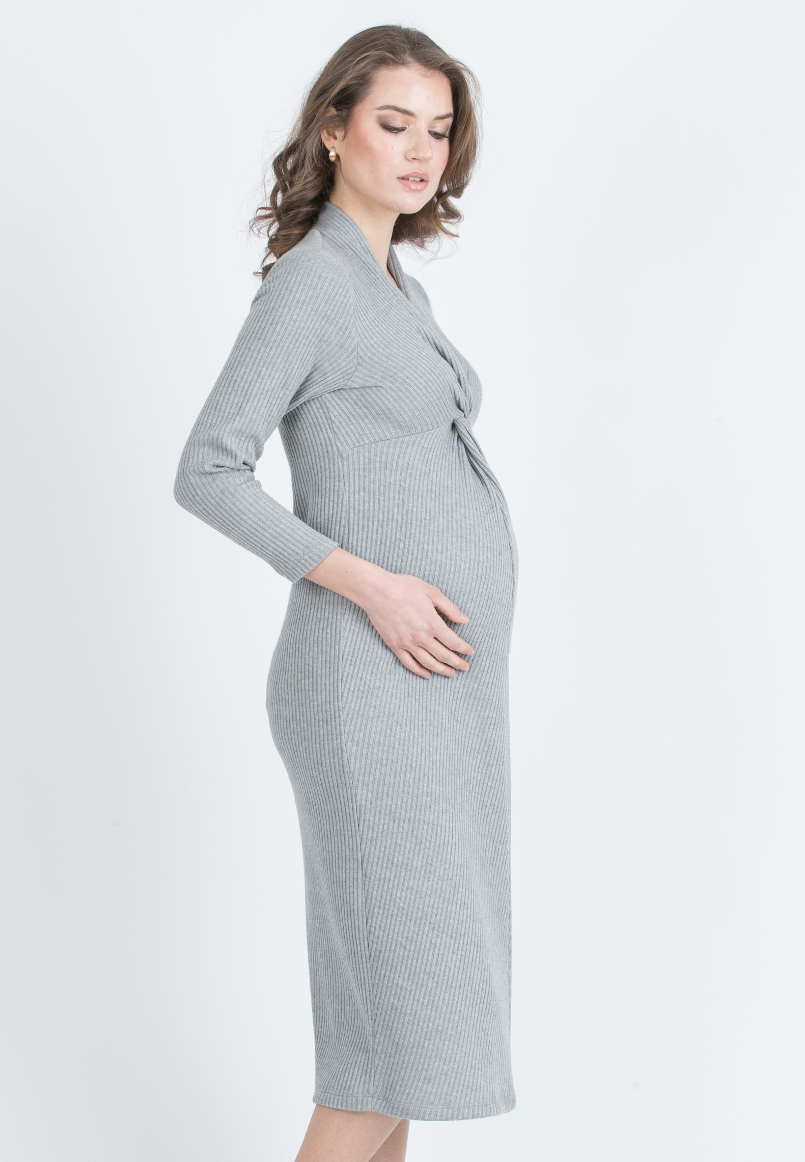 ISSA M/L – Abito Premaman & Allattamento in Maglia a Costina con Nodo (Grigio Chiaro)