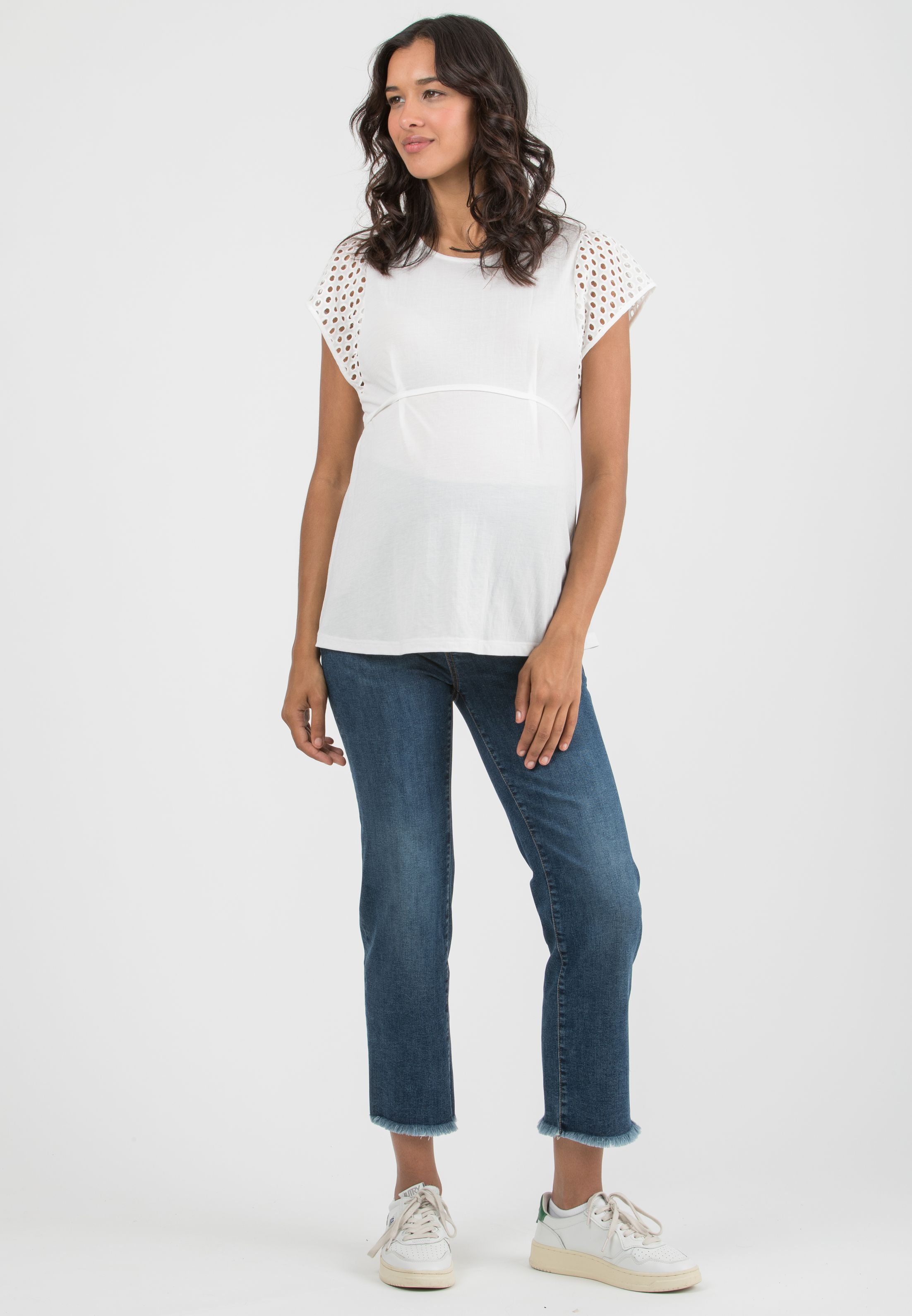 MARBELLA - Viscose T-Shirt with Sangallo Lace Sleeves (Avorio)
