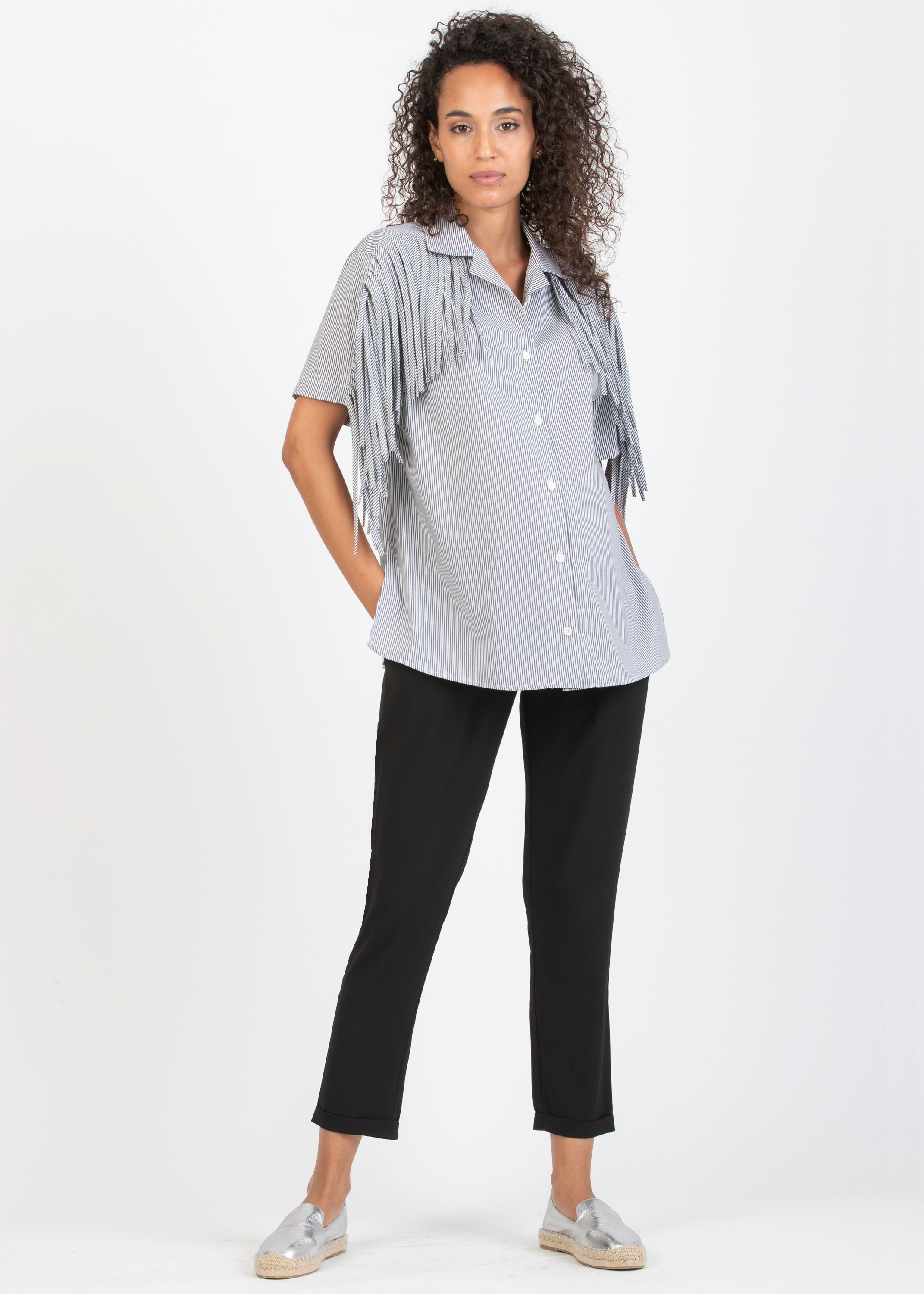 FRANCY - Camicia Premaman & Allattamento in Popeline di Cotone con Frange (Nero, XS)