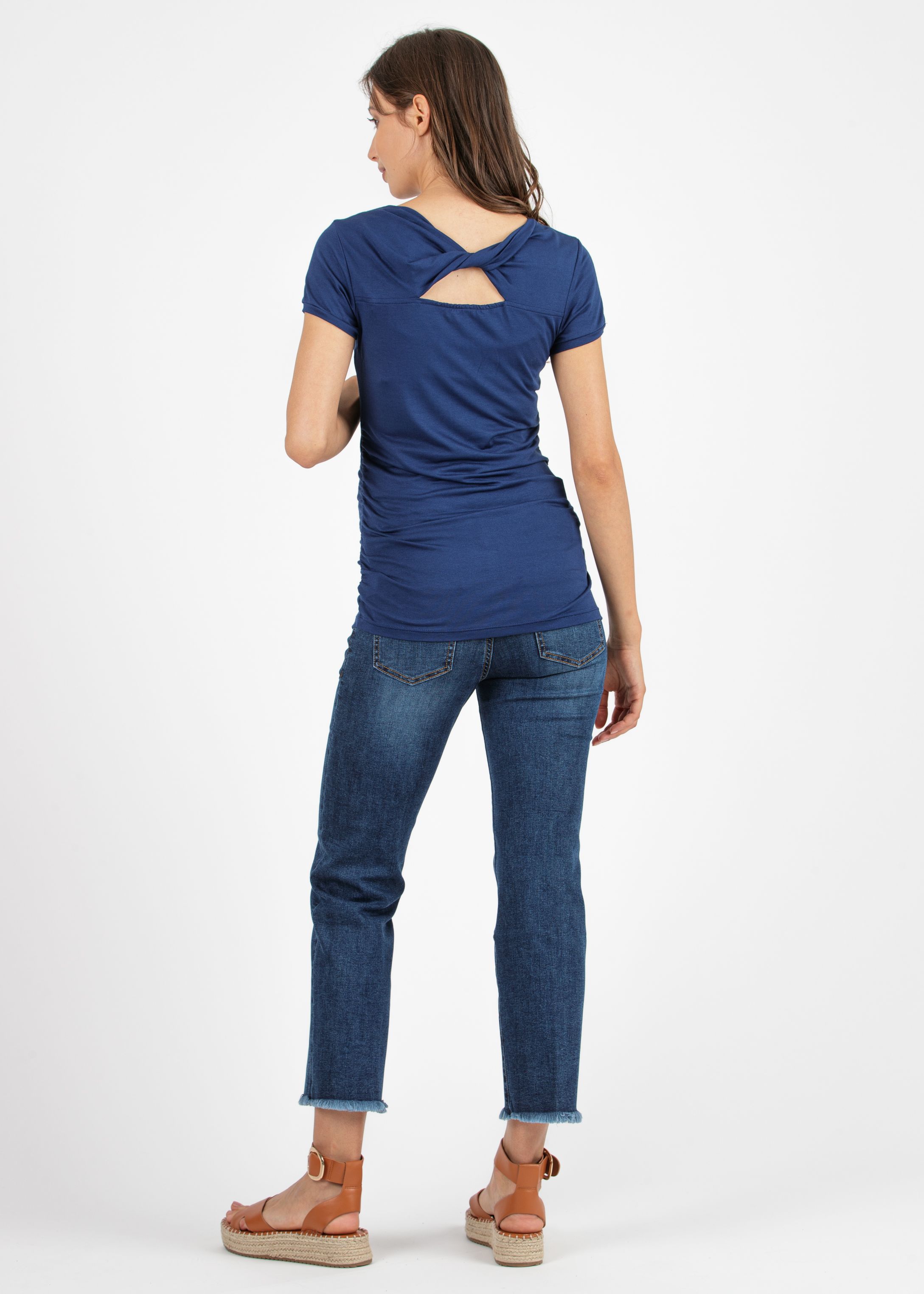 GIADA NAVY - Cropped Straight Maternity Jeans with Fringed Hem (Blu)