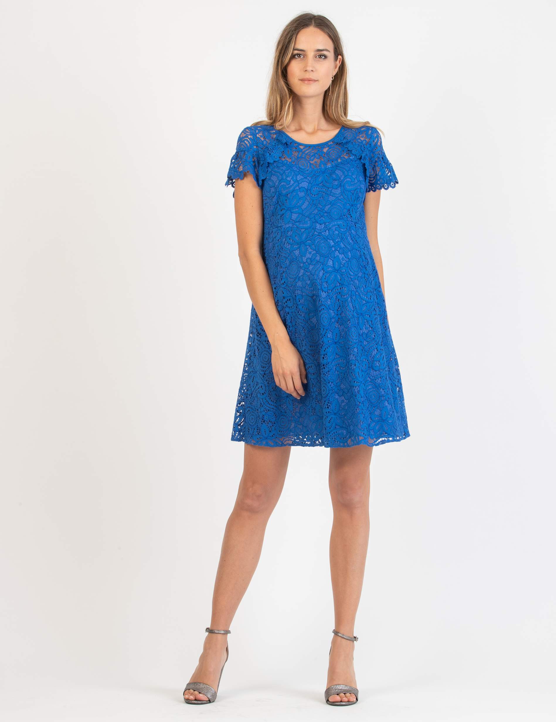Maternity Dress in Lace with Ruffle Trims (Turquoise, XS)