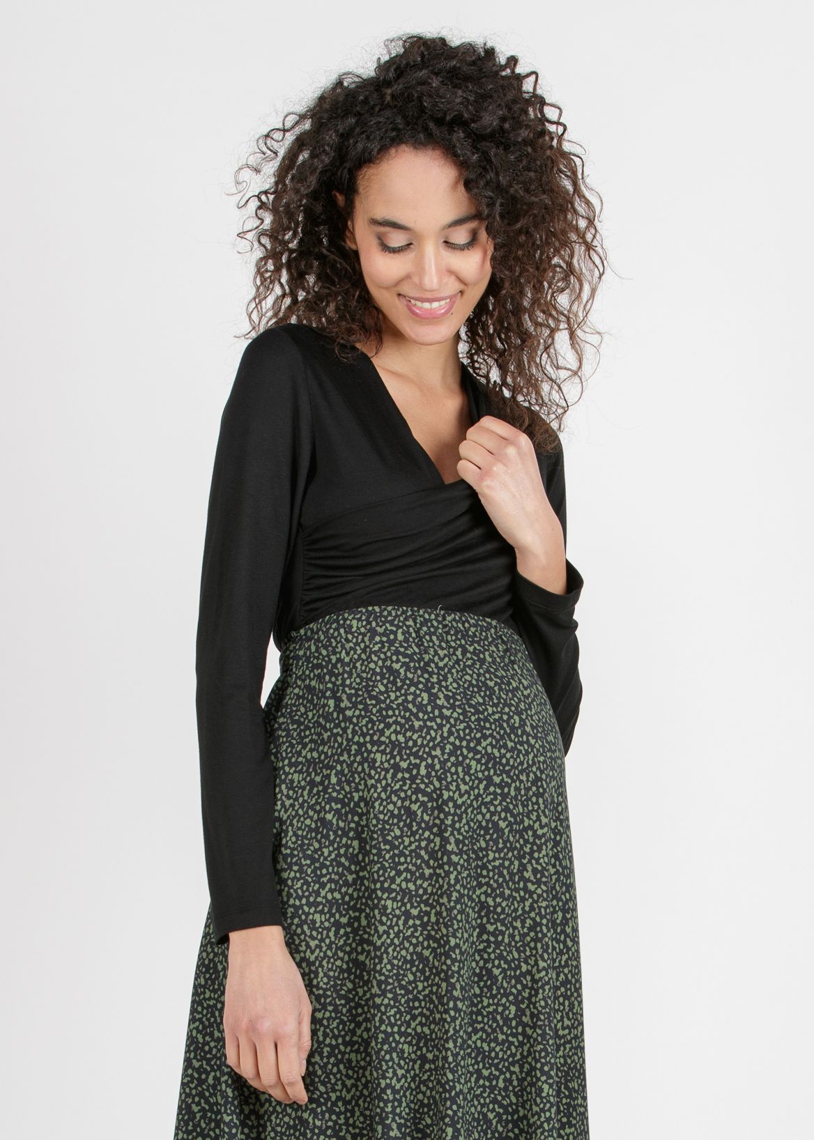 MARTA M/L - Abito Midi Premaman & Allattamento con Gonna Stampata (Verde Militare, XS)