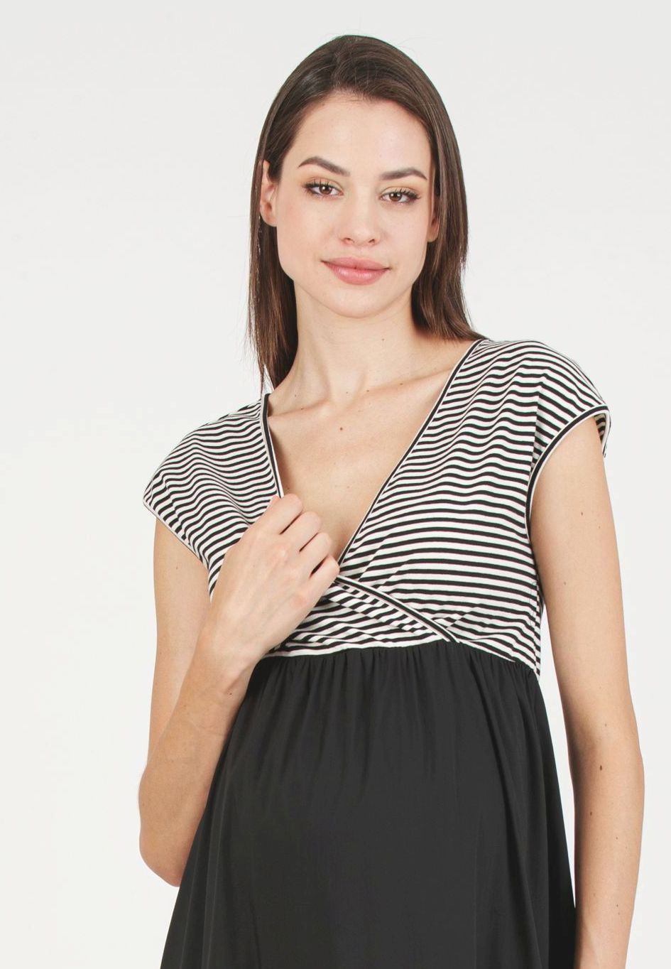 SUSI - Maternity & Nursing Dress with Striped Bodice (Black, XS)