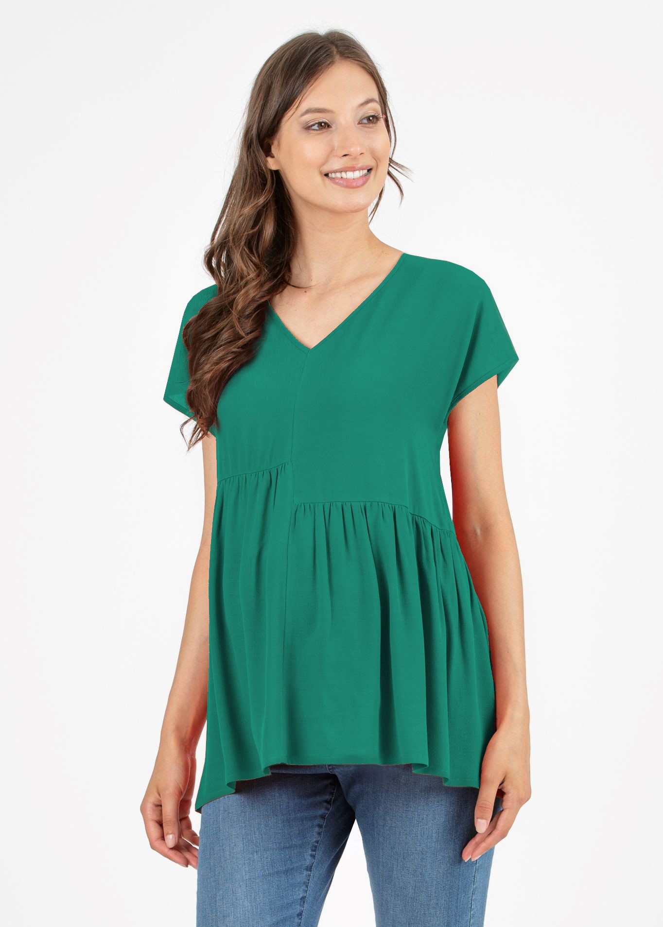 Maternity Blouse in Viscose Cady with Asymmetric Gatherings (Green, XS)