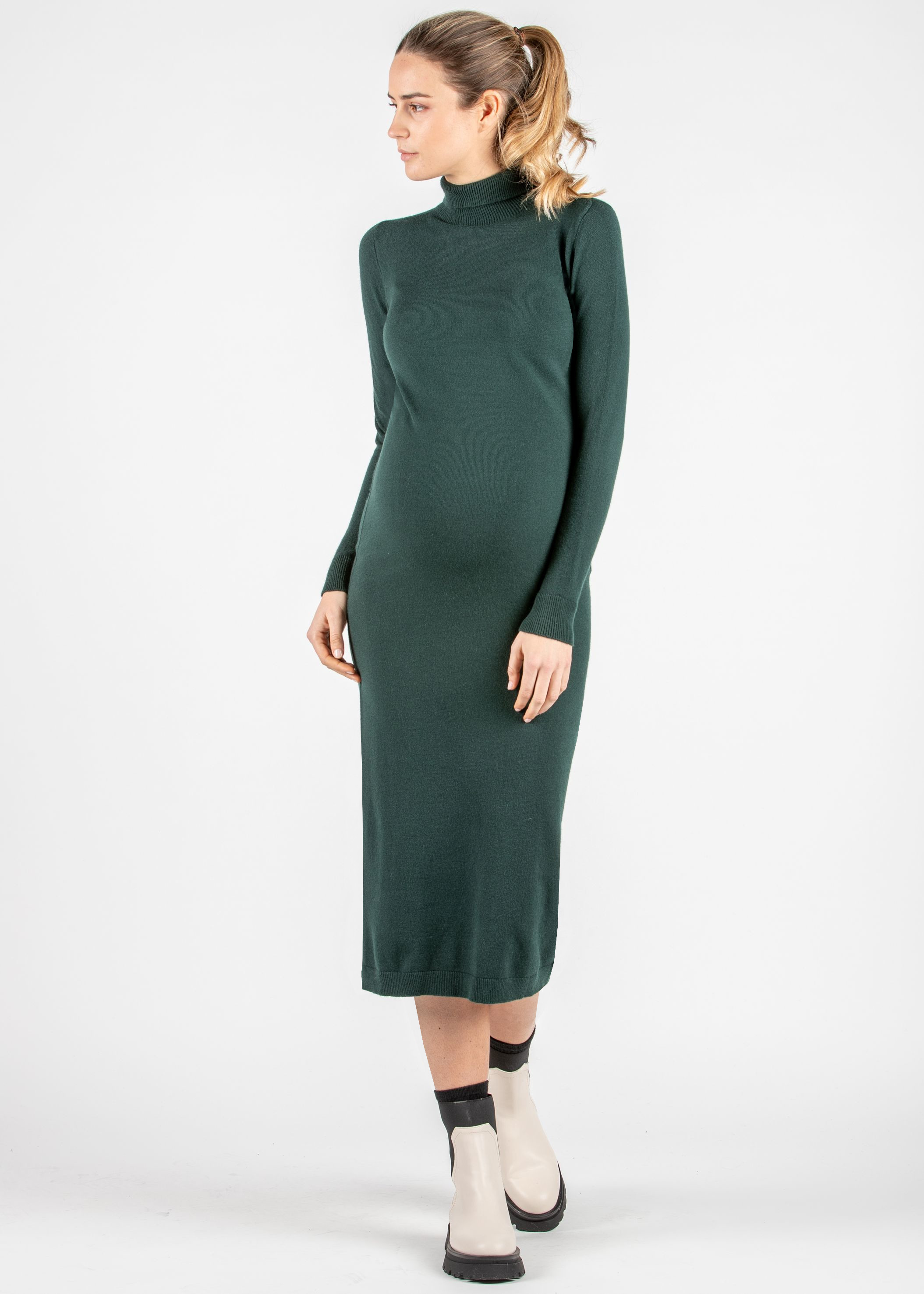 Abito Aderente Midi Premaman in Maglia con Collo Alto (Verde, XS)