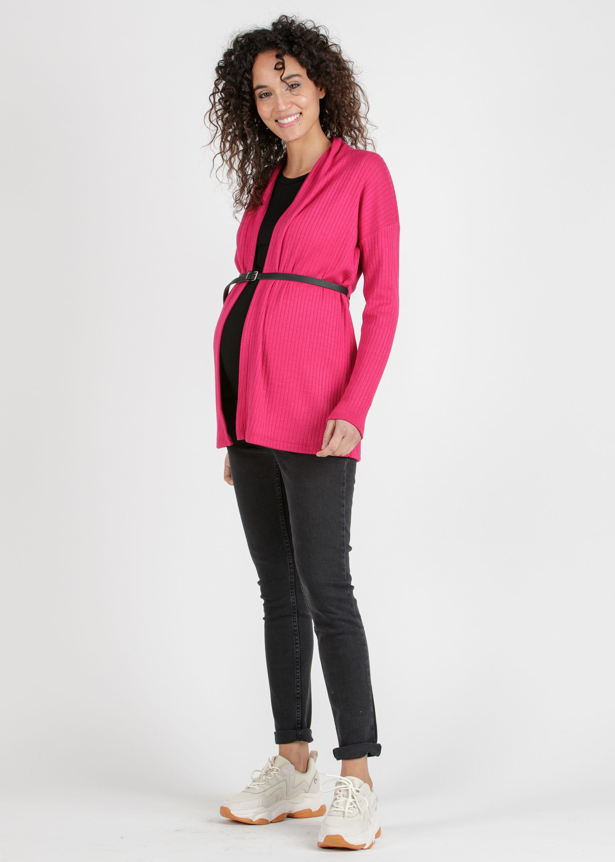 ARIANNA - Cardigan Premaman in Costina con Cintura (Rosa, XS)