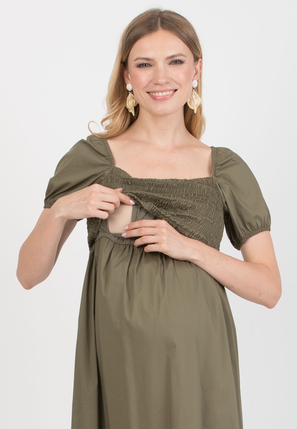 Abito Premaman & Allattamento in Cotone con Corpetto Arricciato (Verde Militare, XS)