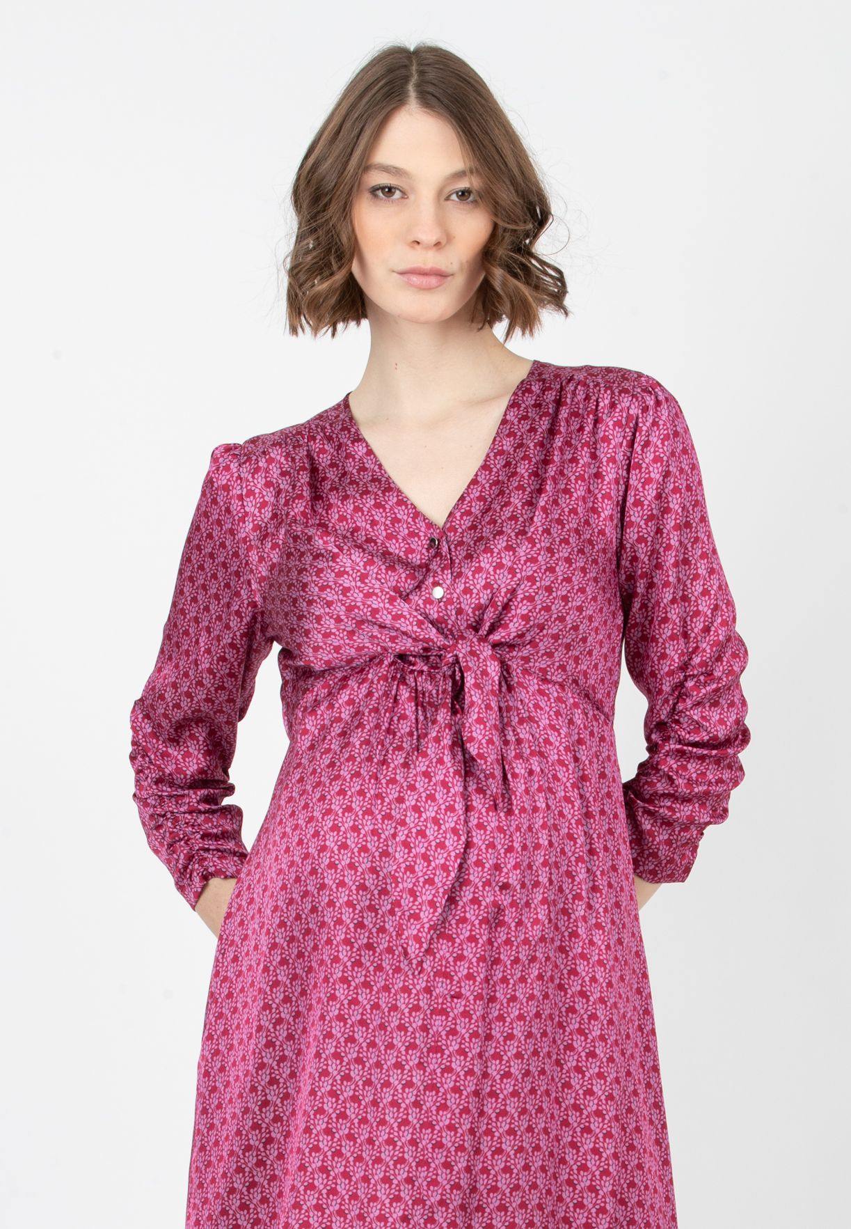 BELEN M/L - Abito Premaman & Allattamento in Raso Stampato con Corpino Annodato e Maniche 3/4 (Rosso India, XS)
