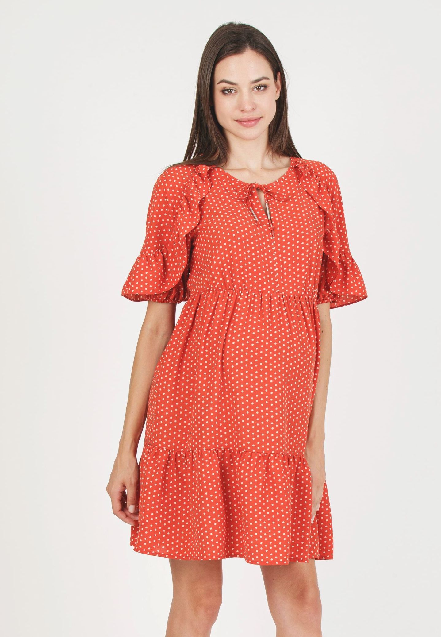 TINA - Abito Premaman & Allattamento con Volant sulle Maniche e Gonna a Balze (Rosso Mattone, XS)