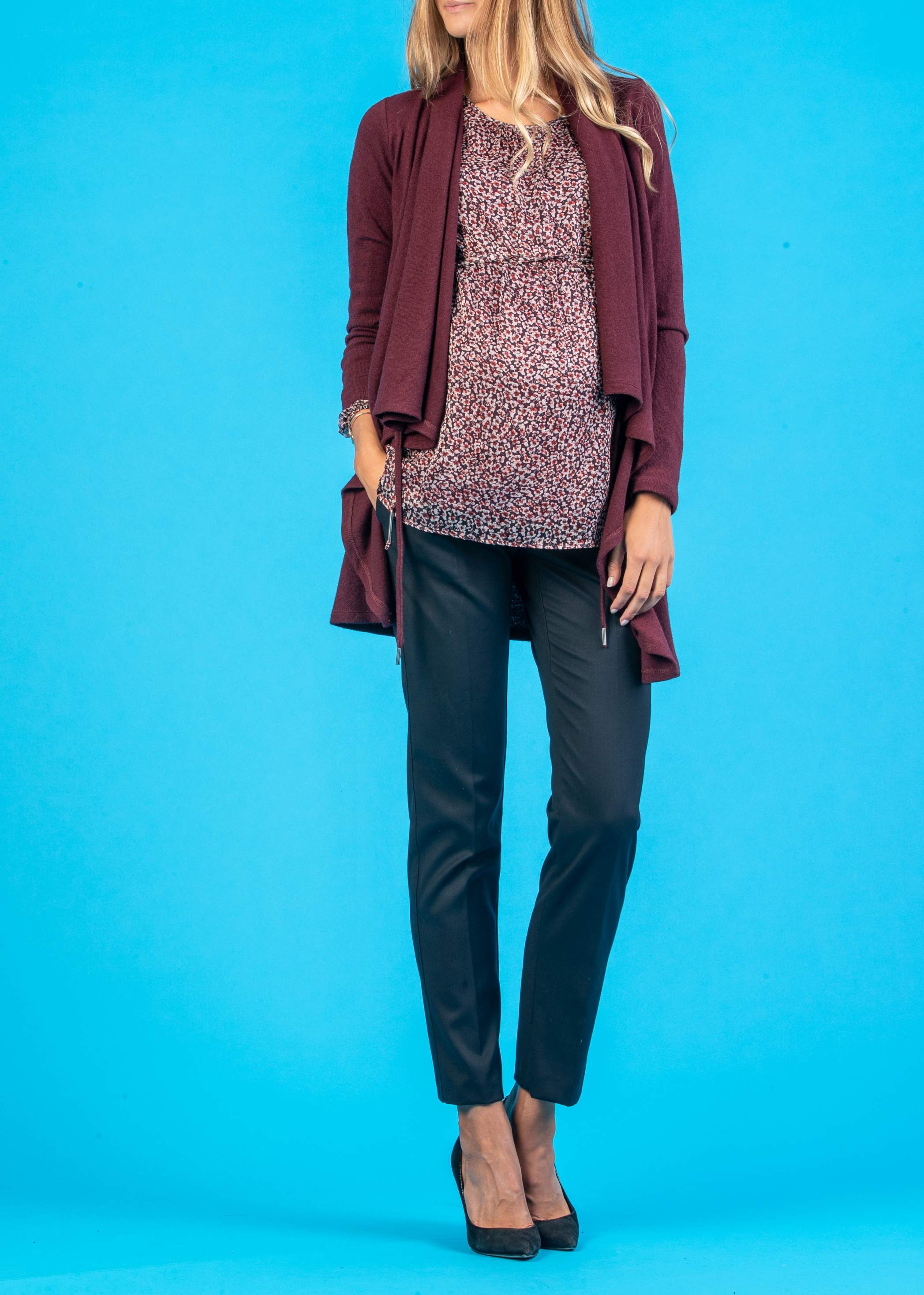 Cowl Neckline Maternity Maxi-Cardigan in Cashmere Blend (Bordeaux, XS)