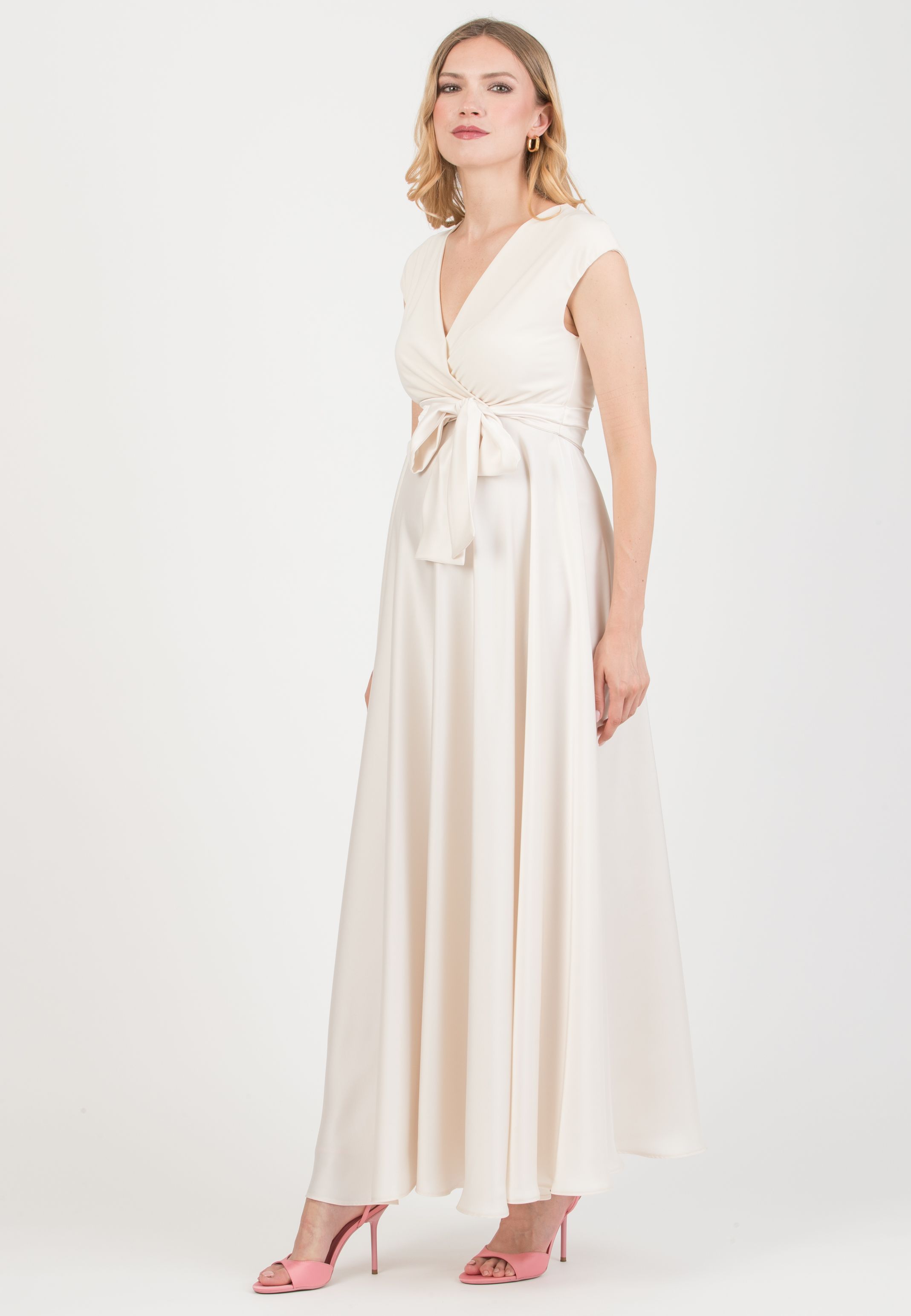 LUCREZIA - Maternity & Nursing Maxi Dress with Satin Skirt (Natural, XS)