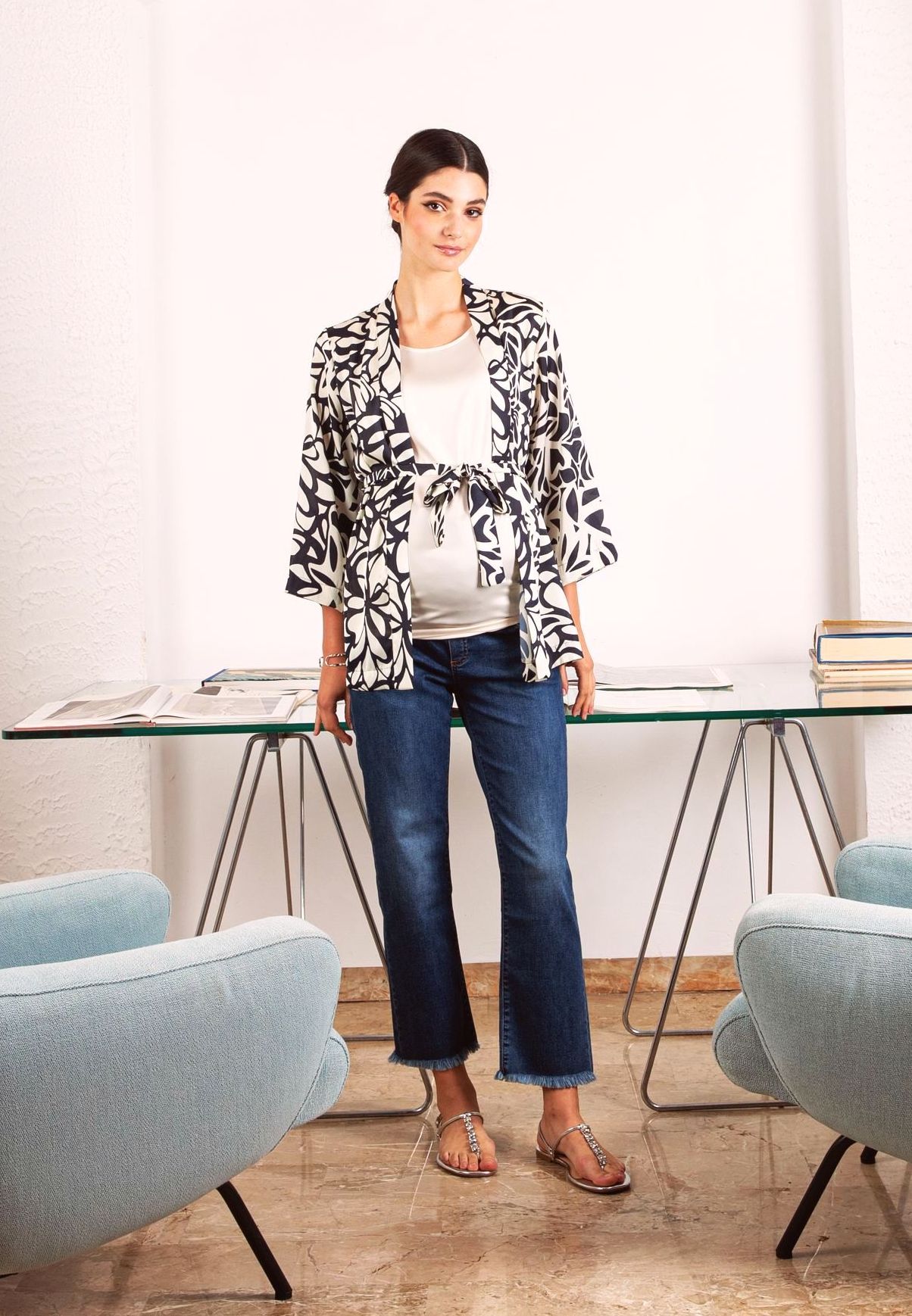 GIADA NAVY - Cropped Straight Maternity Jeans with Fringed Hem (Blu)