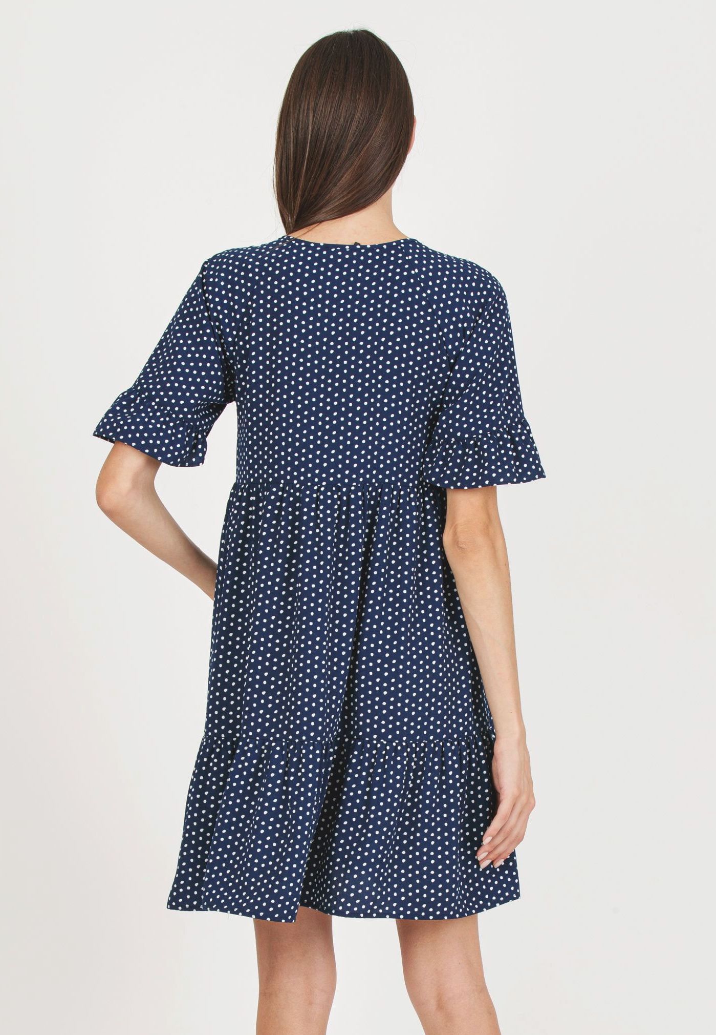 TINA - Maternity & Nursing Dress with Ruffles on the Sleeves and Flounced Skirt (Blue, XS)