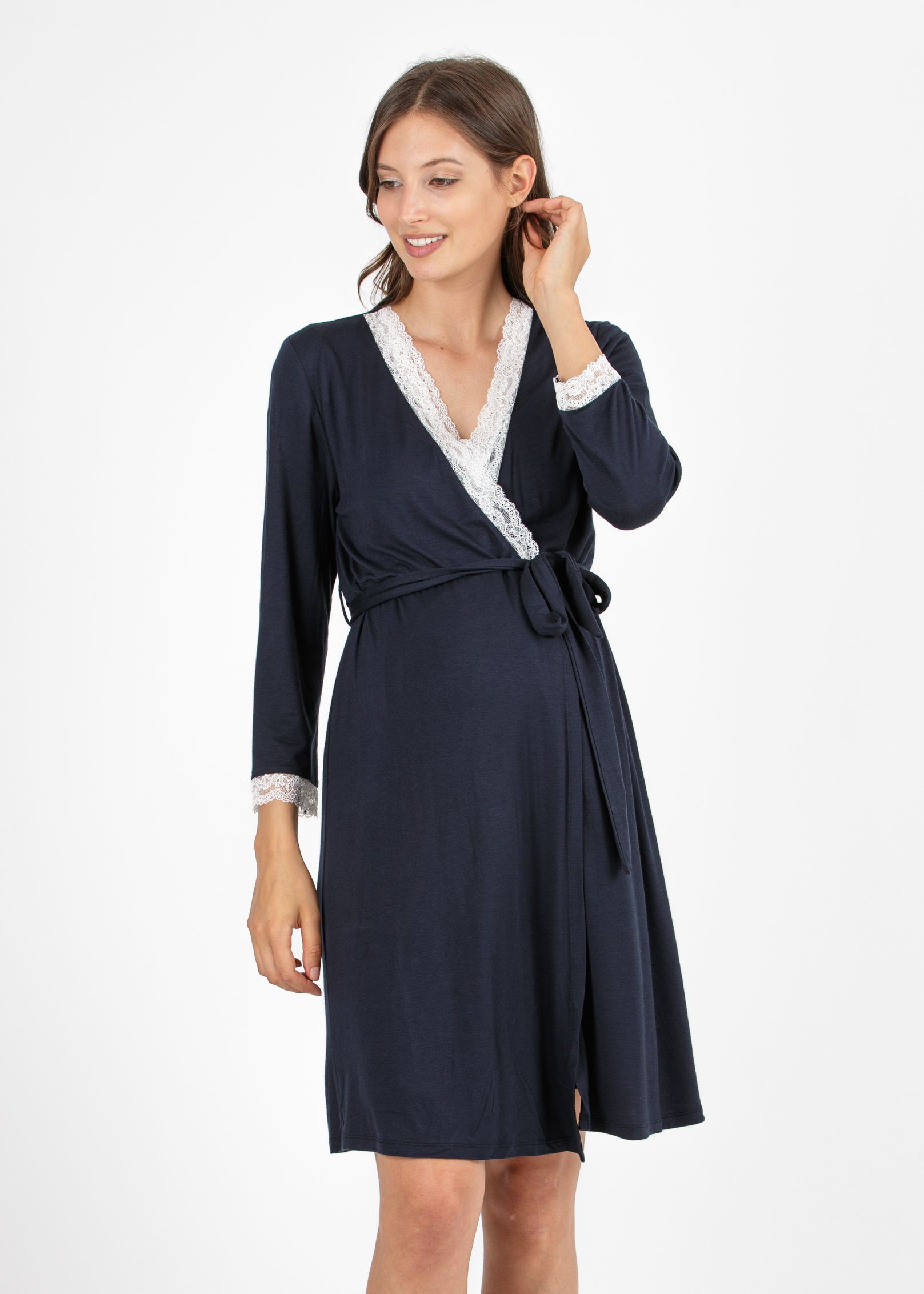 Maternity & Nursing Dressing Gown with Lace Details (Dark Blue, L)