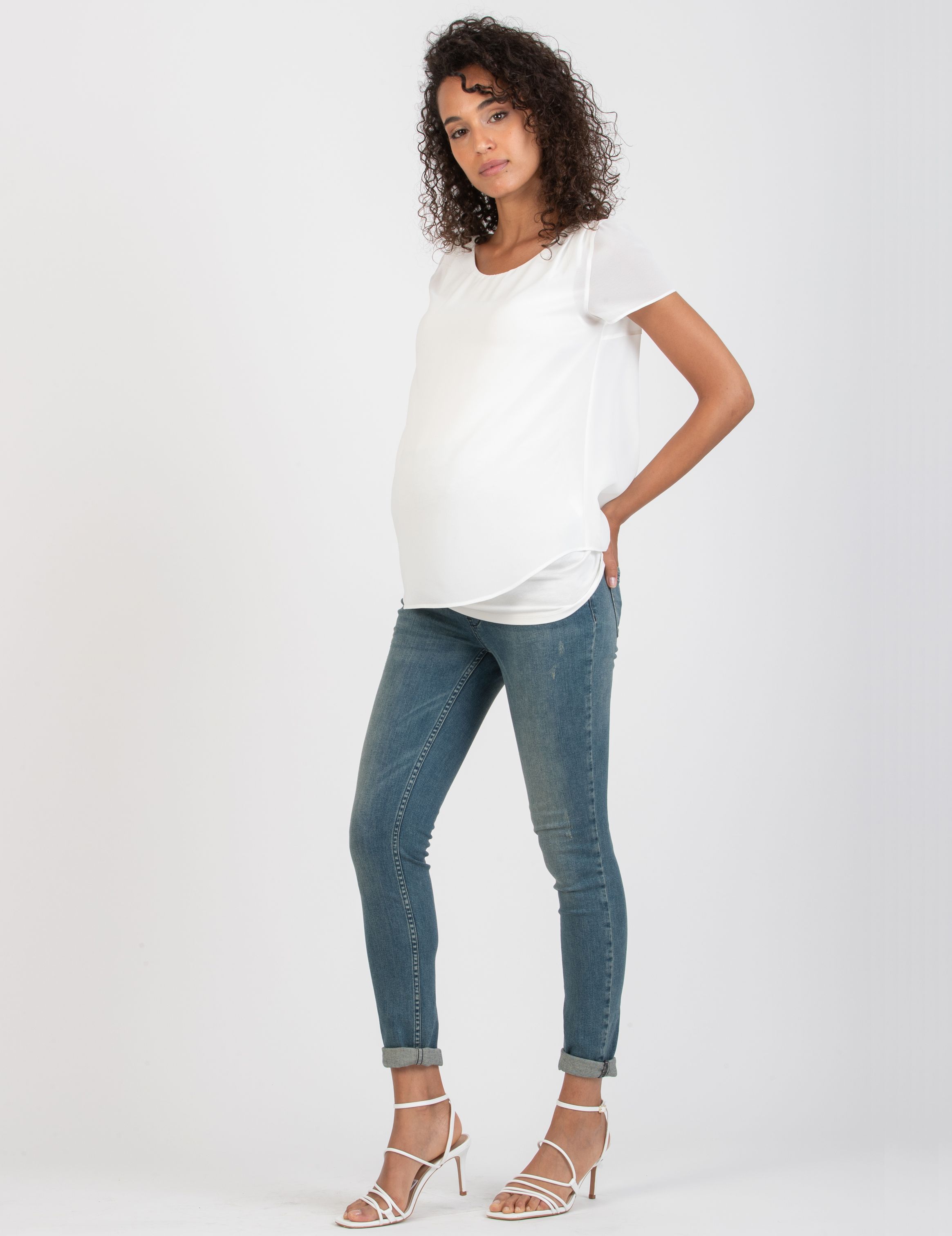 LAURA - Maglietta Premaman a Doppio Strato di Chiffon e Jersey (Avorio, XS)
