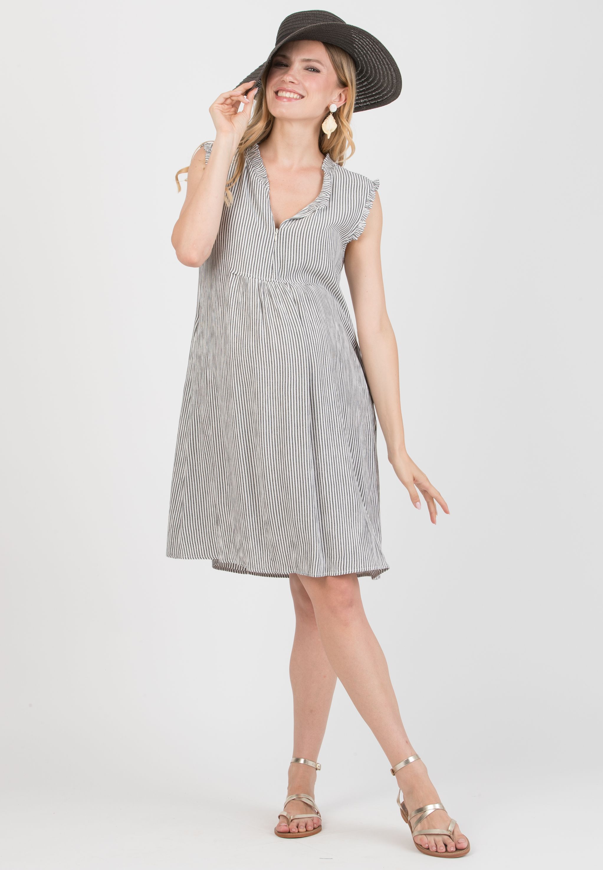 SOFIA R - Maternity & Nursing Striped Dress with Ruffles (Black, XS)