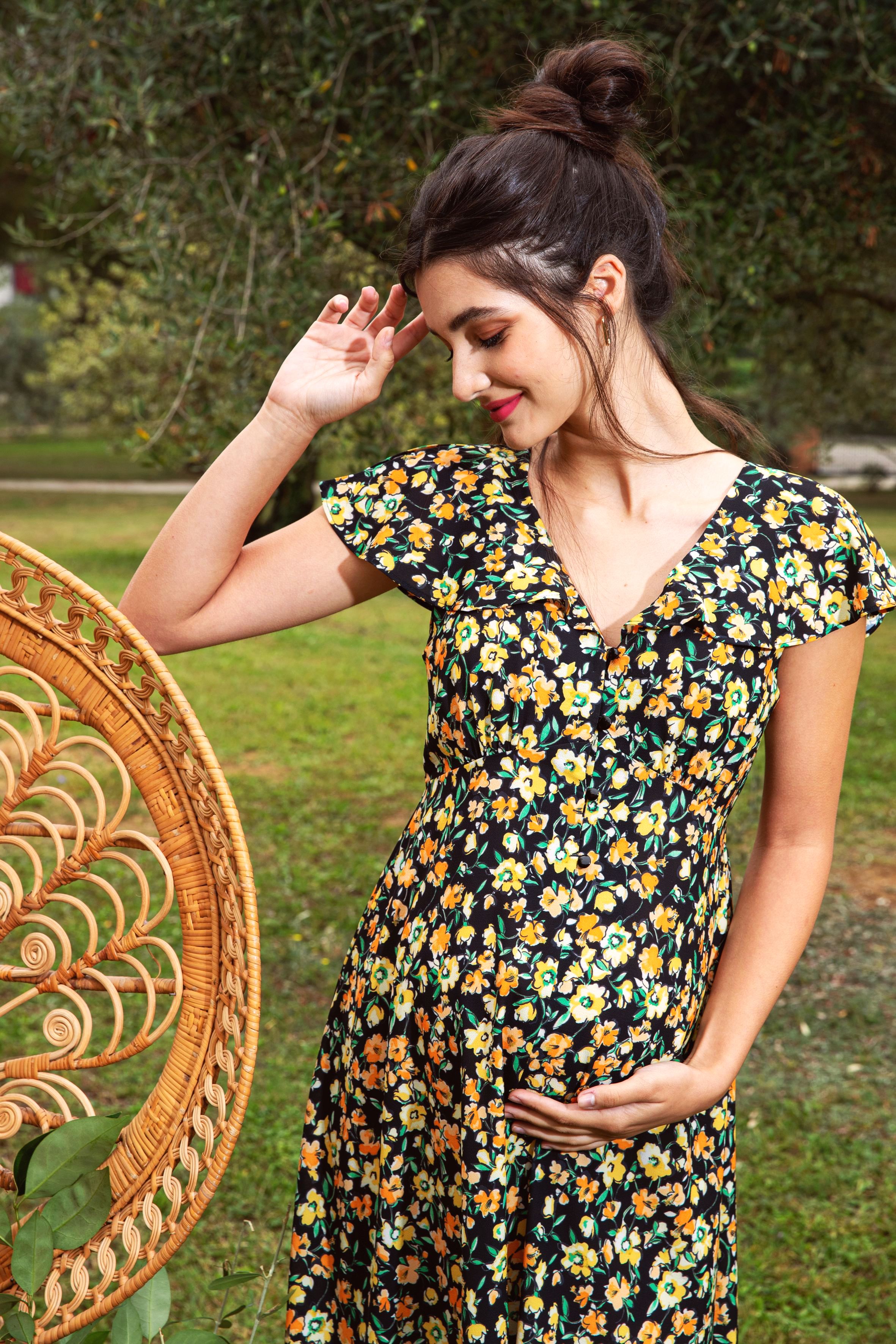 SUMMER - Maternity & Nursing Dress with Buttons and Back Neckline (Black, XS)