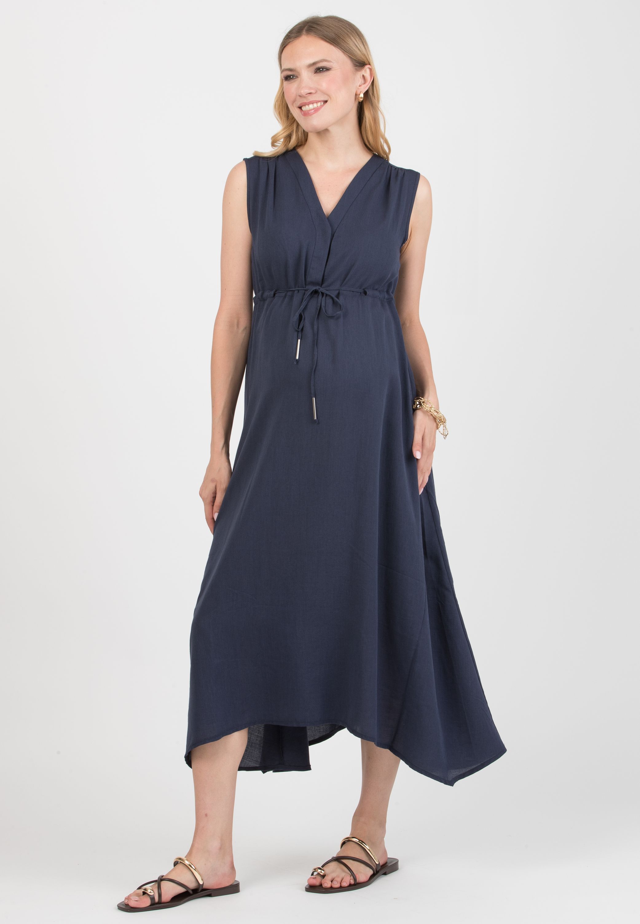 IRENE - Midi Maternity & Nursing Dress in Tencel with Drawstring (Blu)