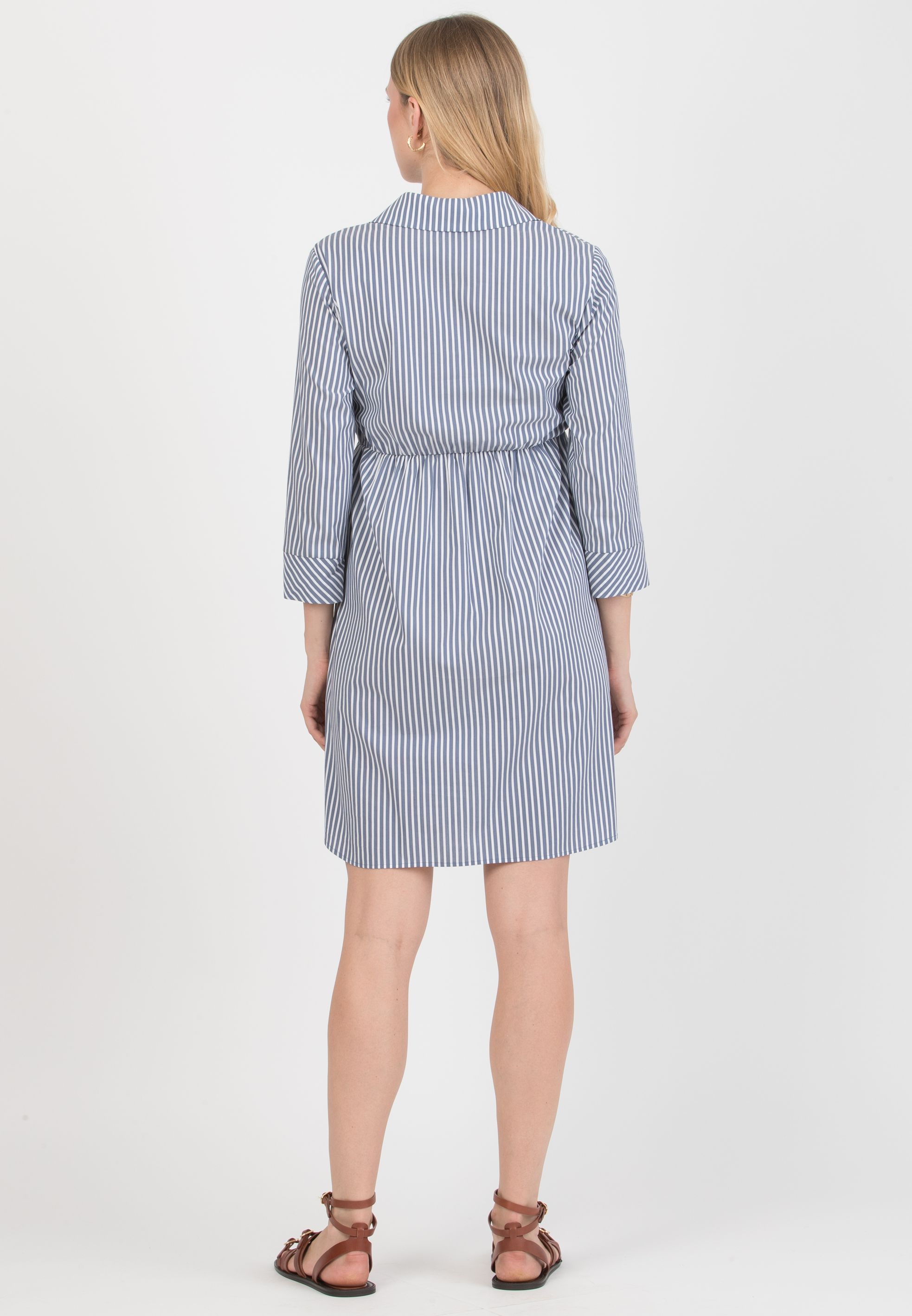EMANUELA - Maternity & Nursing Striped Cotton Dress with Waistband (Blu)