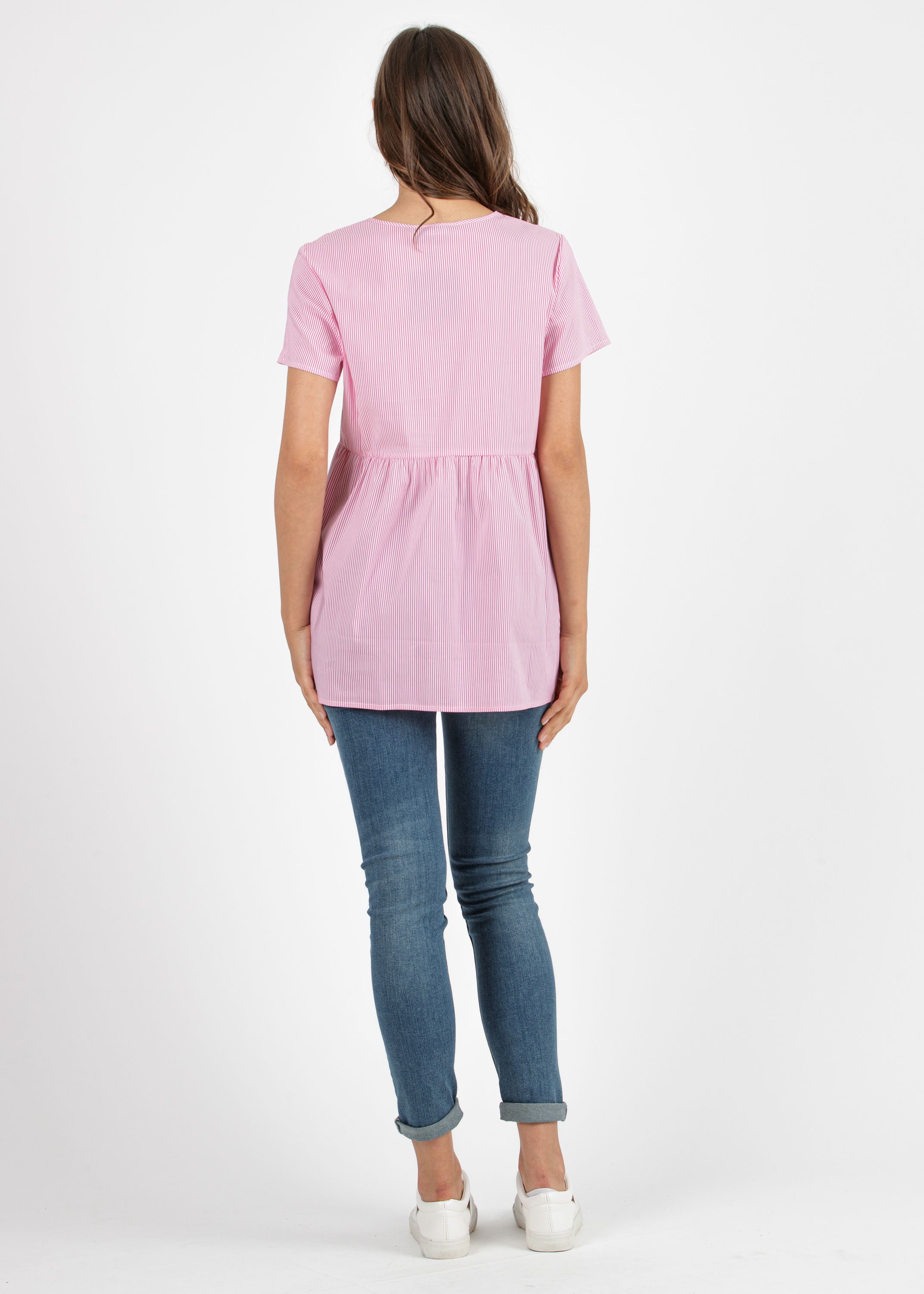 Striped Maternity & Nursing Blouse in Poplin (Fuxia)