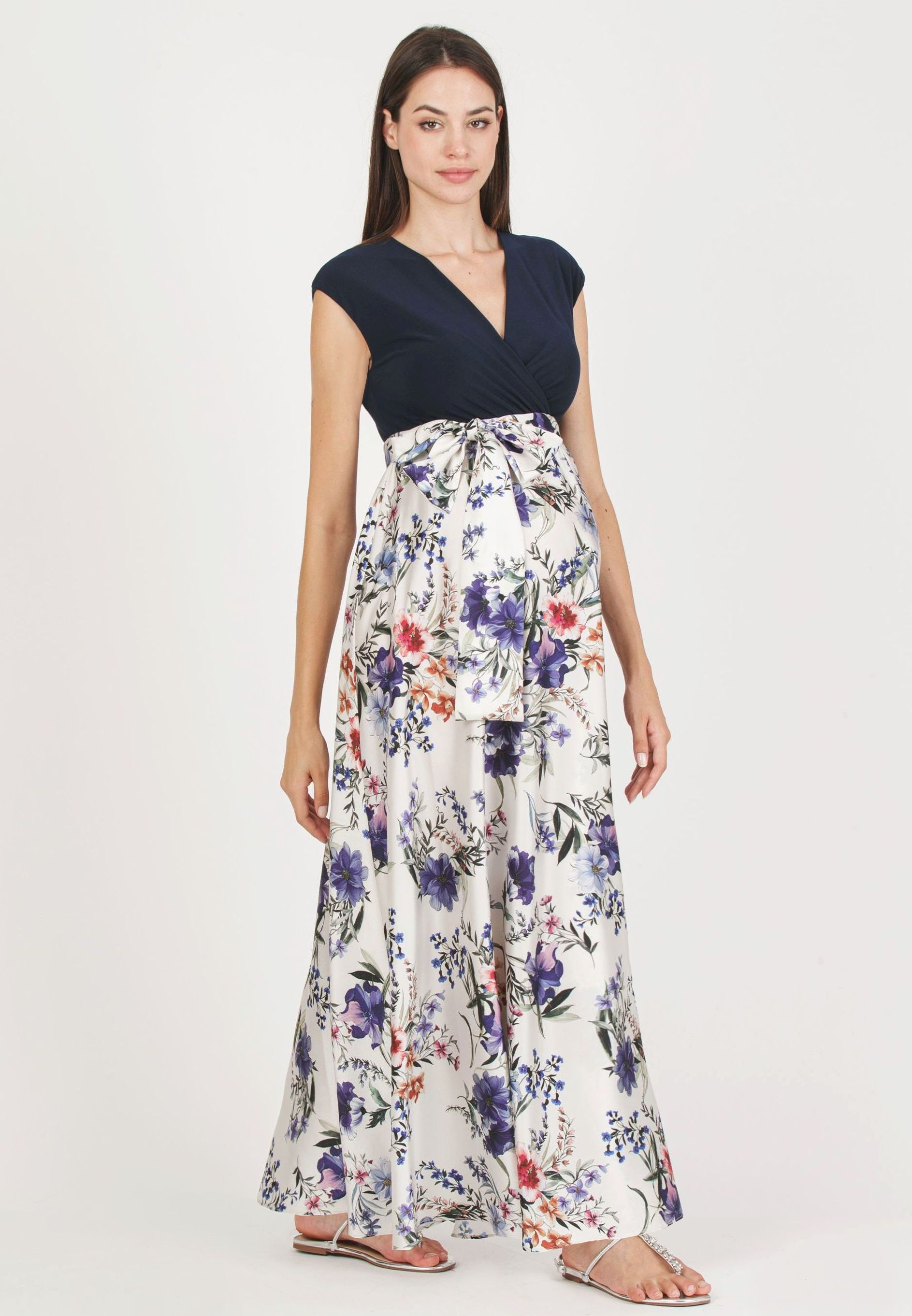 LUCREZIA F - Abito Premaman & Allattamento con Gonna in Raso Stampato (Avorio)