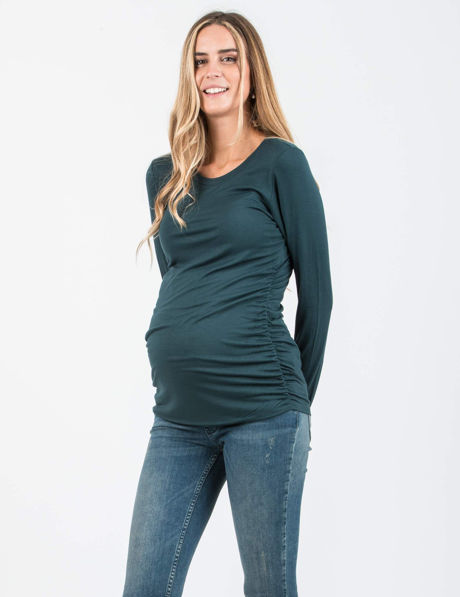 ELLEN - Long Sleeve Maternity Top with Gathered Sides (Green, XS)