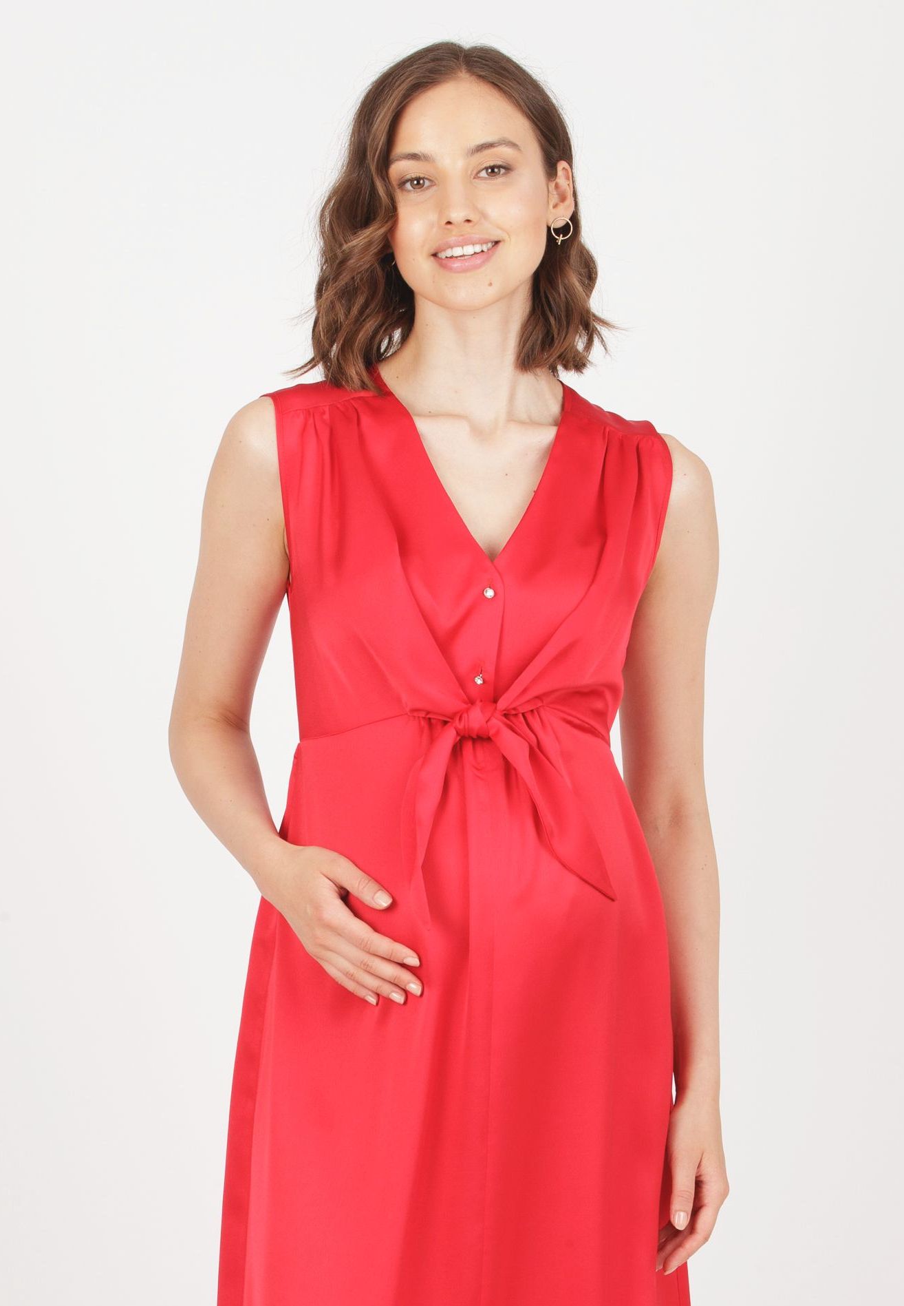 BELEN MAXI - Satin Maternity & Nursing Maxi Dress (Red, XS)