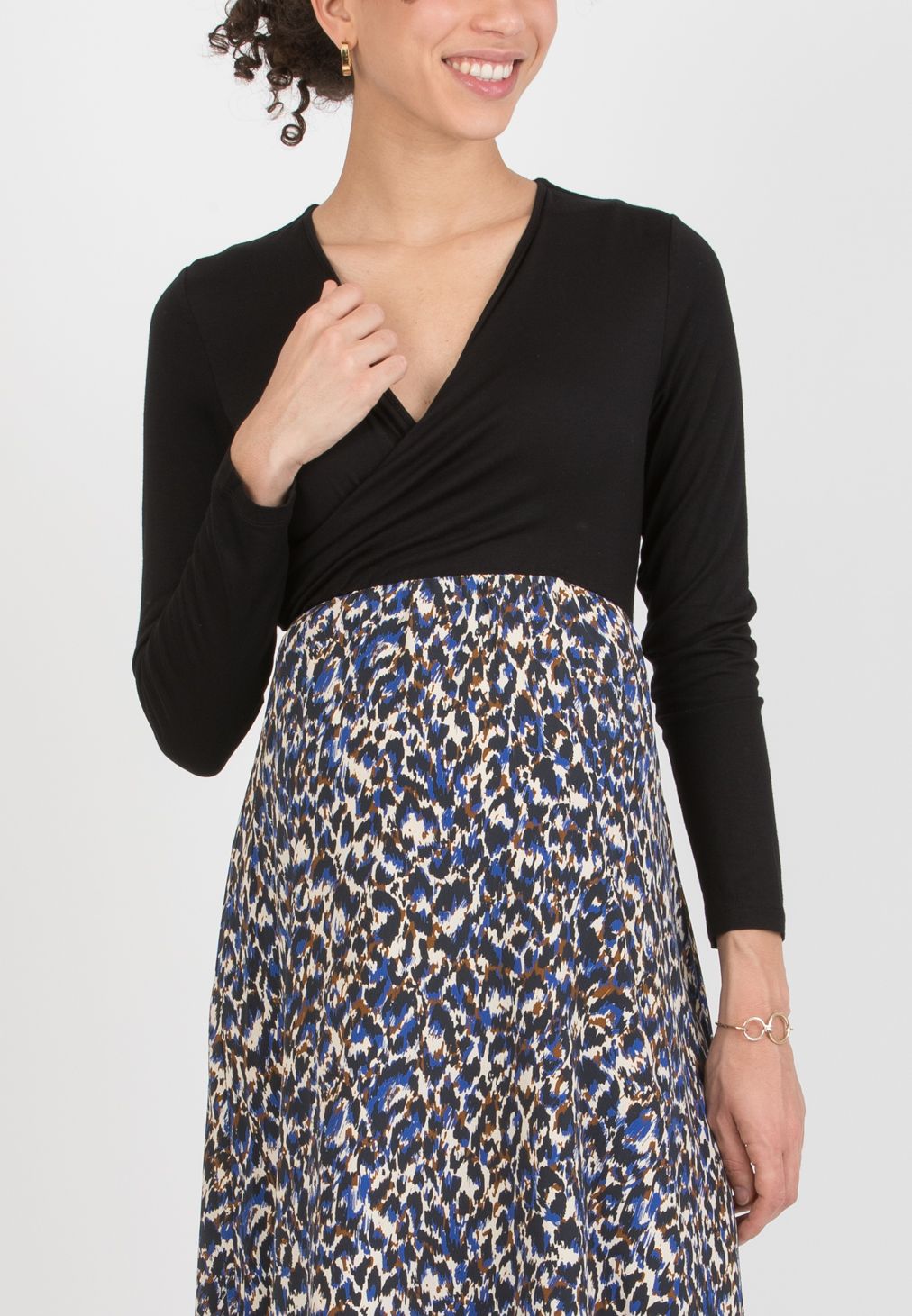 MARTA M/L - Abito Midi Premaman & Allattamento con Gonna Stampata (Blu, XS)