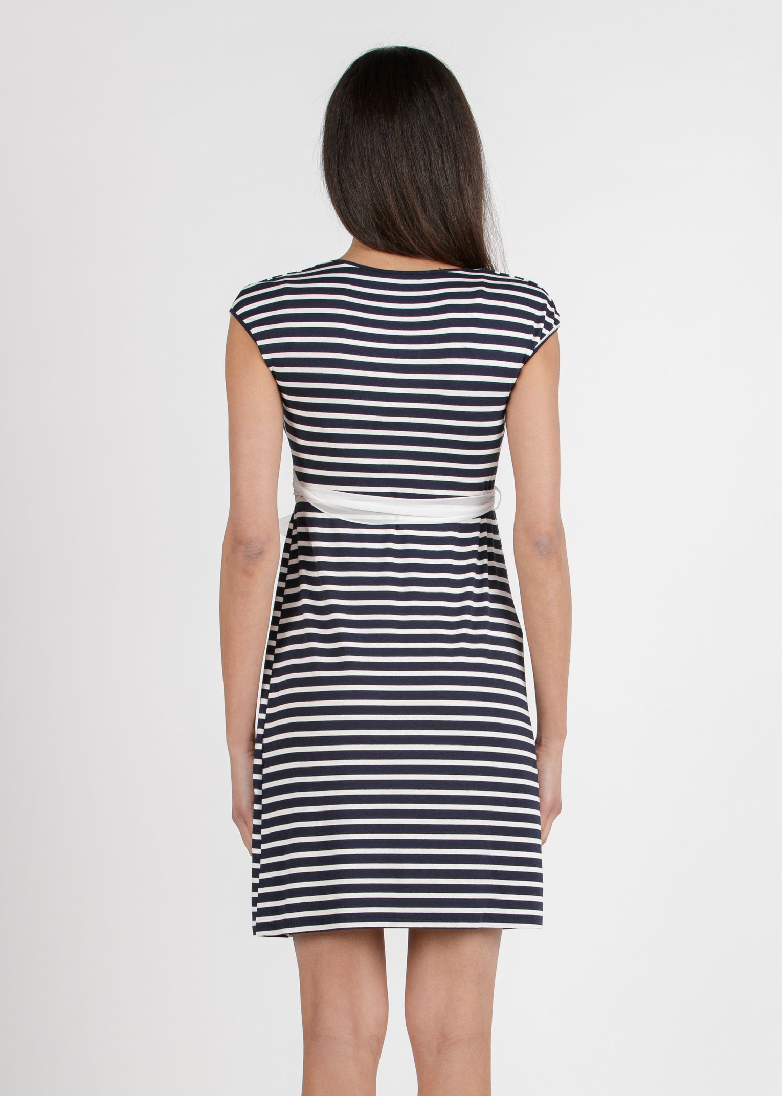 Wrap Maternity & Nursing Dress with Stripes and Chiffon Belt (Dark Blue, XS)